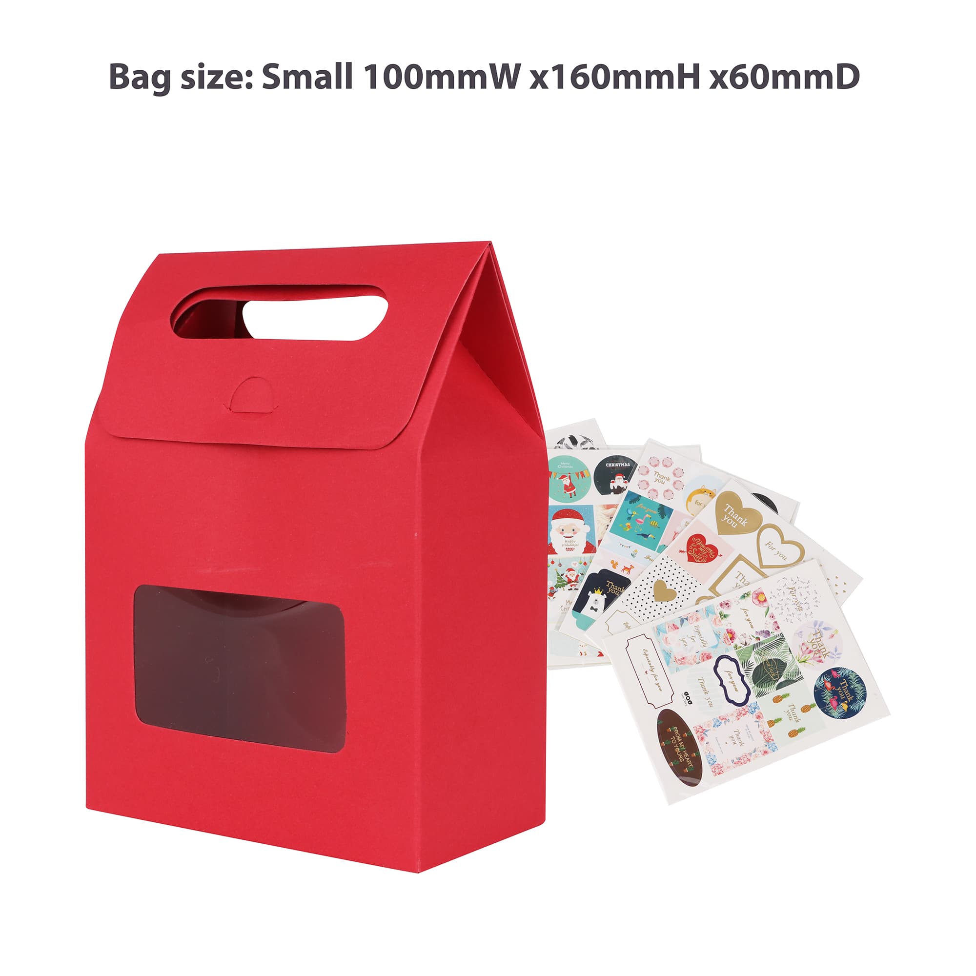 A red die cut handle bag with a clear window, accompanied by various decorative stickers.