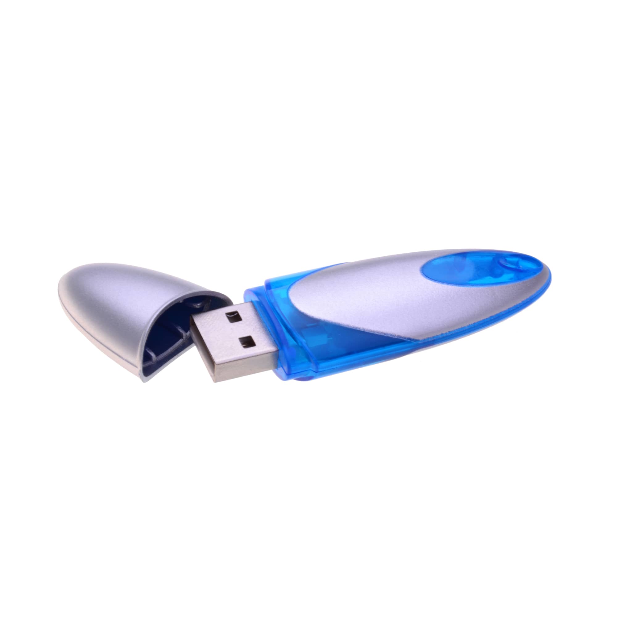 A silver and blue flash drive with a removable cap, featuring a logo on one side.