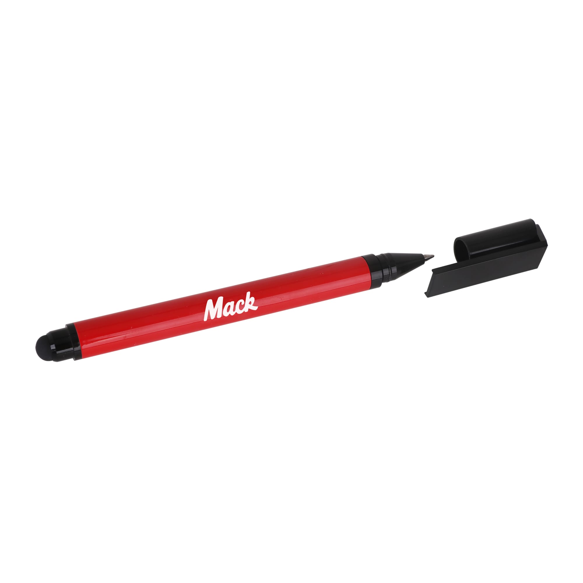 A red 3 in 1 stylus USB pen with a black cap and branding on the body.