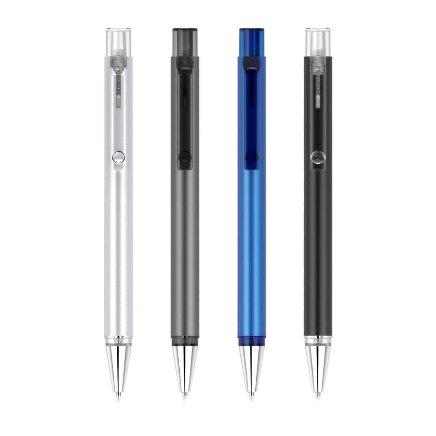 A set of four flat pens in silver, grey, blue, and black, each featuring a clip and a logo.