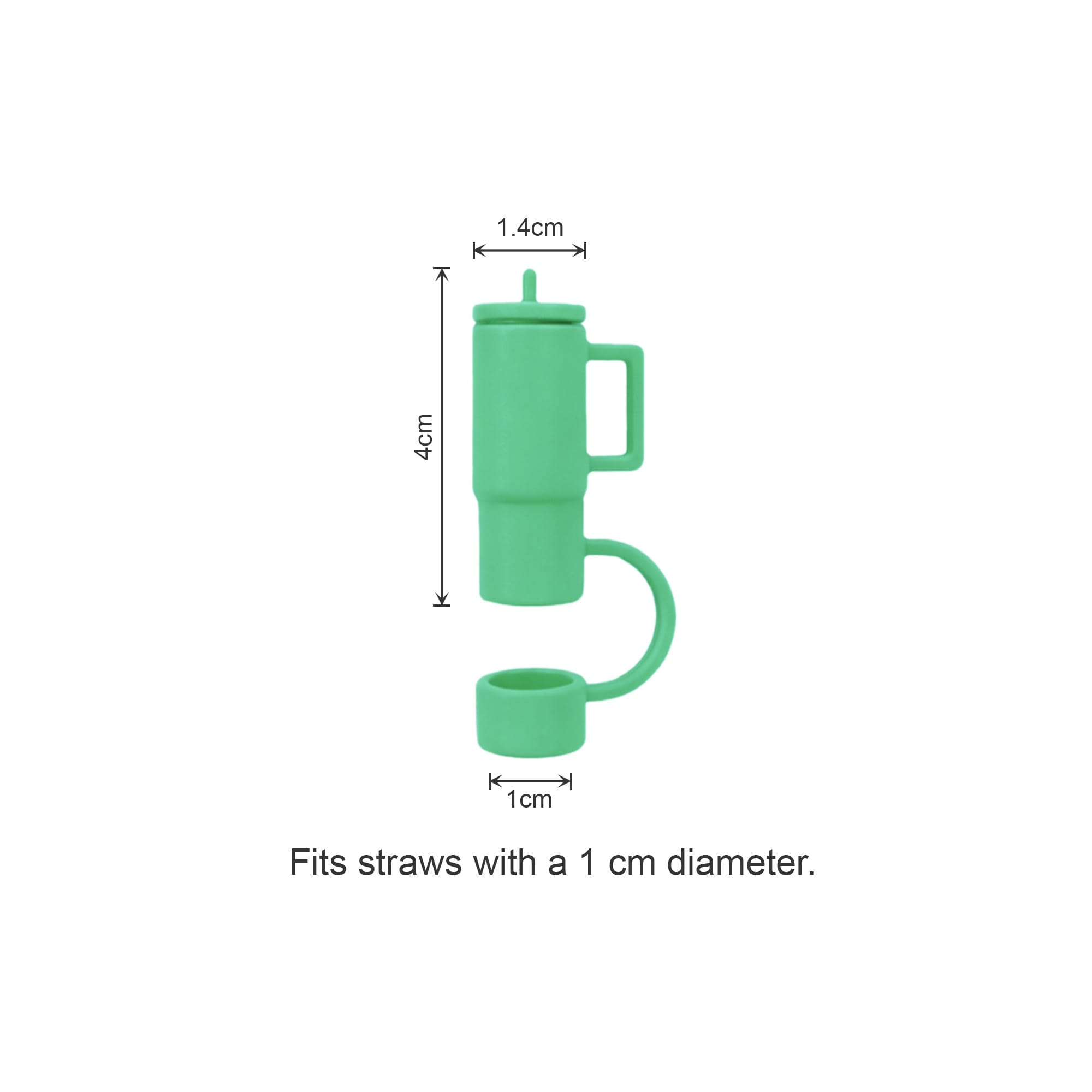 A green cup-shaped silicone straw cover with a handle, designed for straws with a 1 cm diameter. It features a logo.