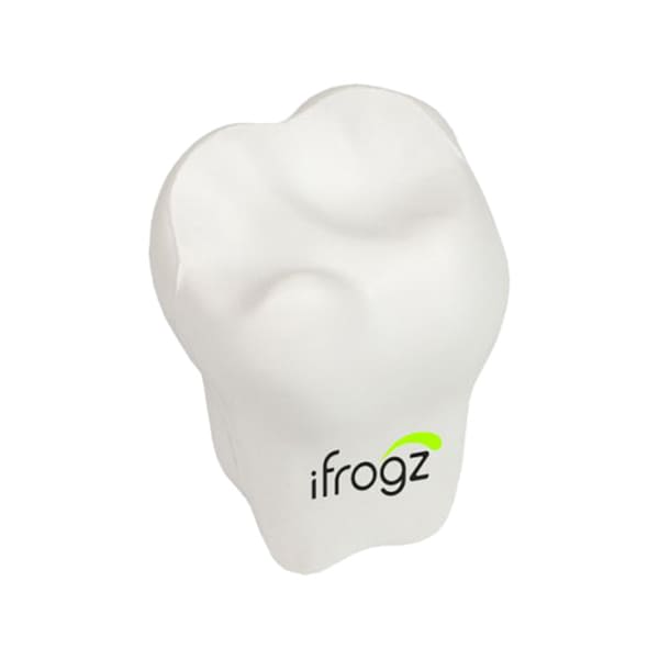 A white stress reliever shaped like a tooth, featuring a logo on its front.