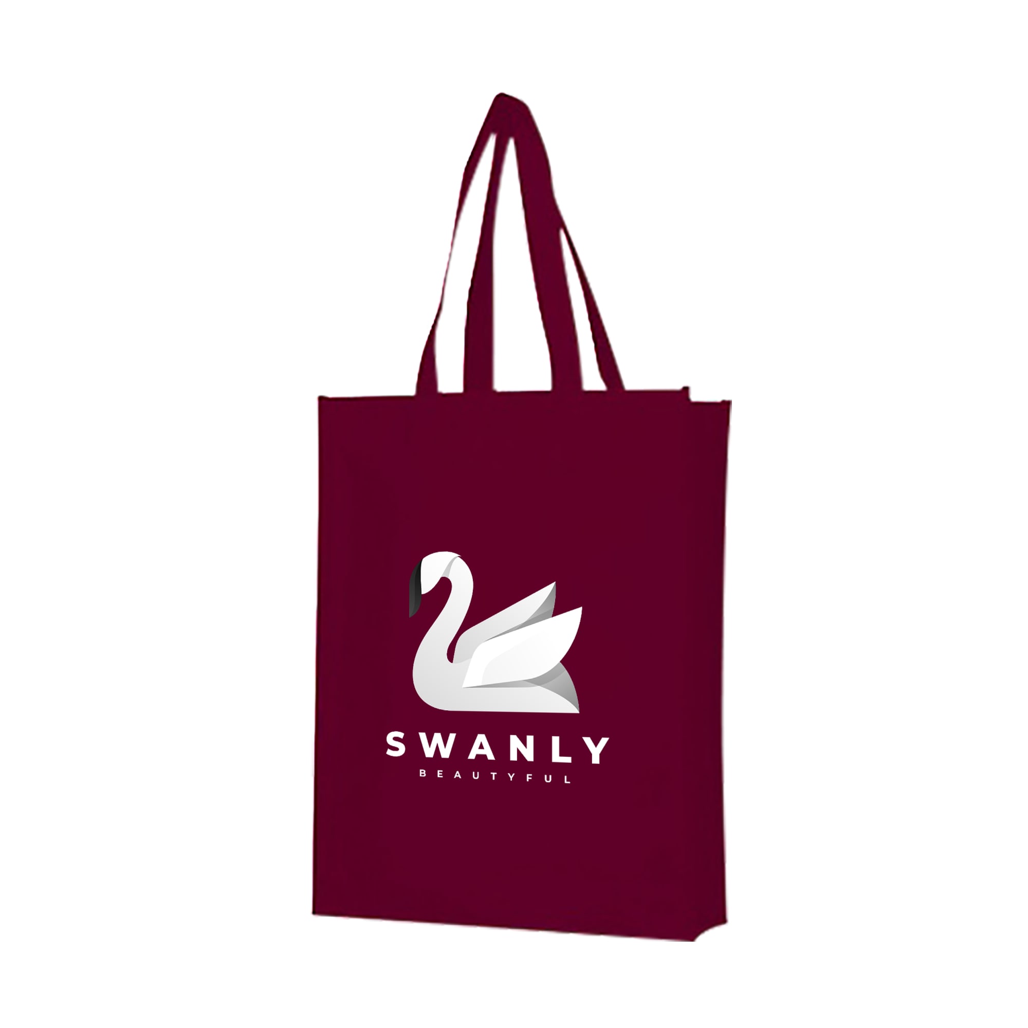 A maroon non-woven bag with large gussets and a logo featuring a swan design.