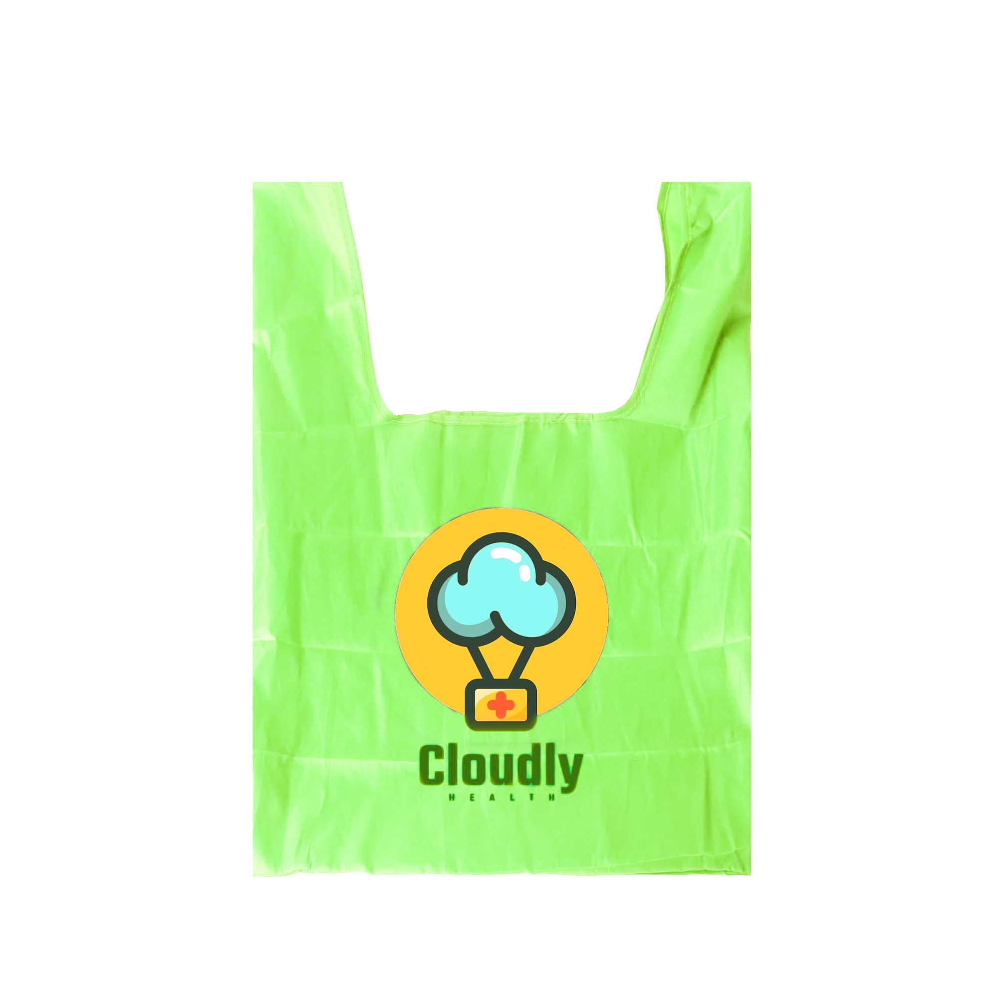 A bright green reusable foldaway shopping bag featuring a circular logo with a cloud design and a branding text.