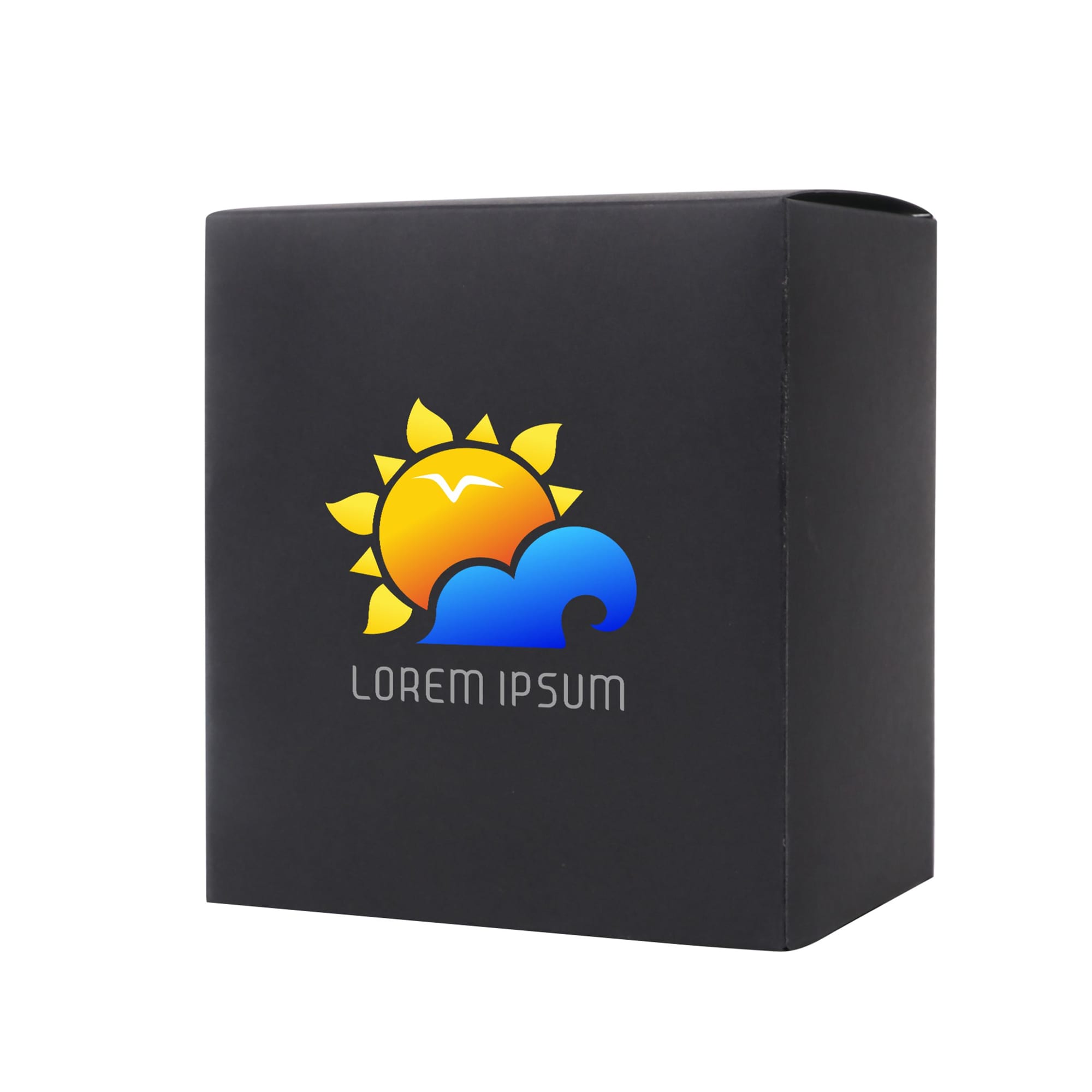 A medium square black gift box with a colourful logo featuring a sun and wave design.