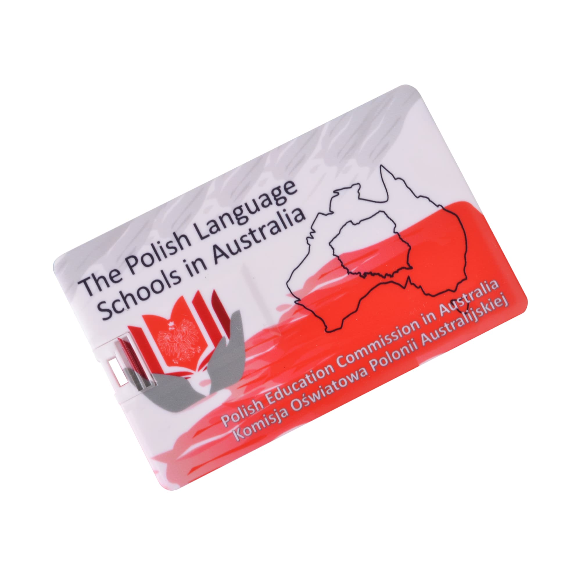 A white credit card flash drive with red and grey graphics, featuring a map of Australia and a logo.