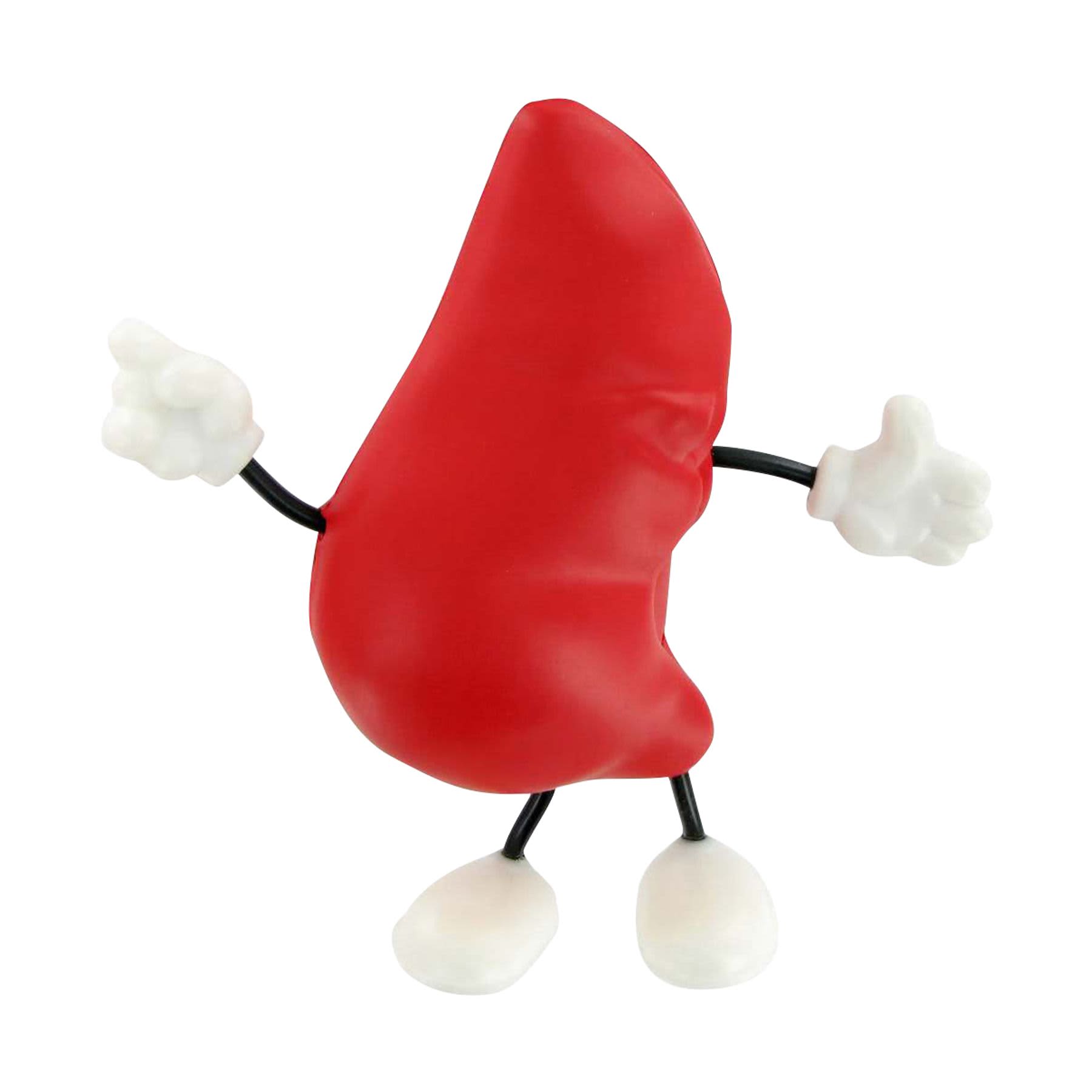 A red liver-shaped stress reliever with white hands and feet, featuring flexible black limbs.