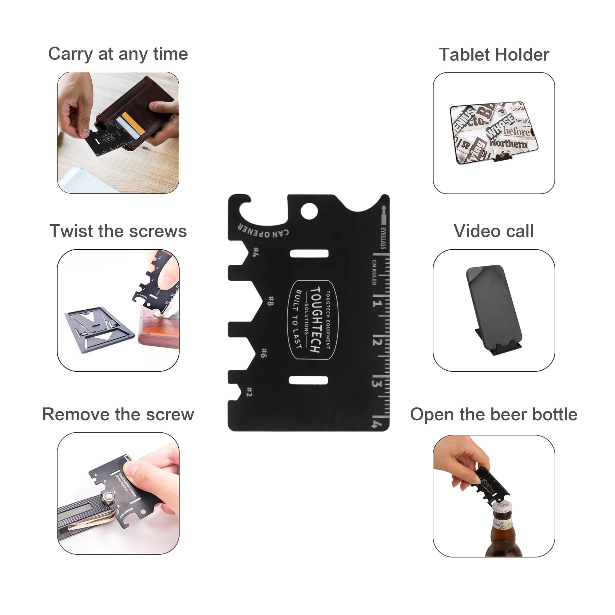 A black multi-function phone stand with various tools integrated, including a bottle opener, card holder, and tablet holder.
