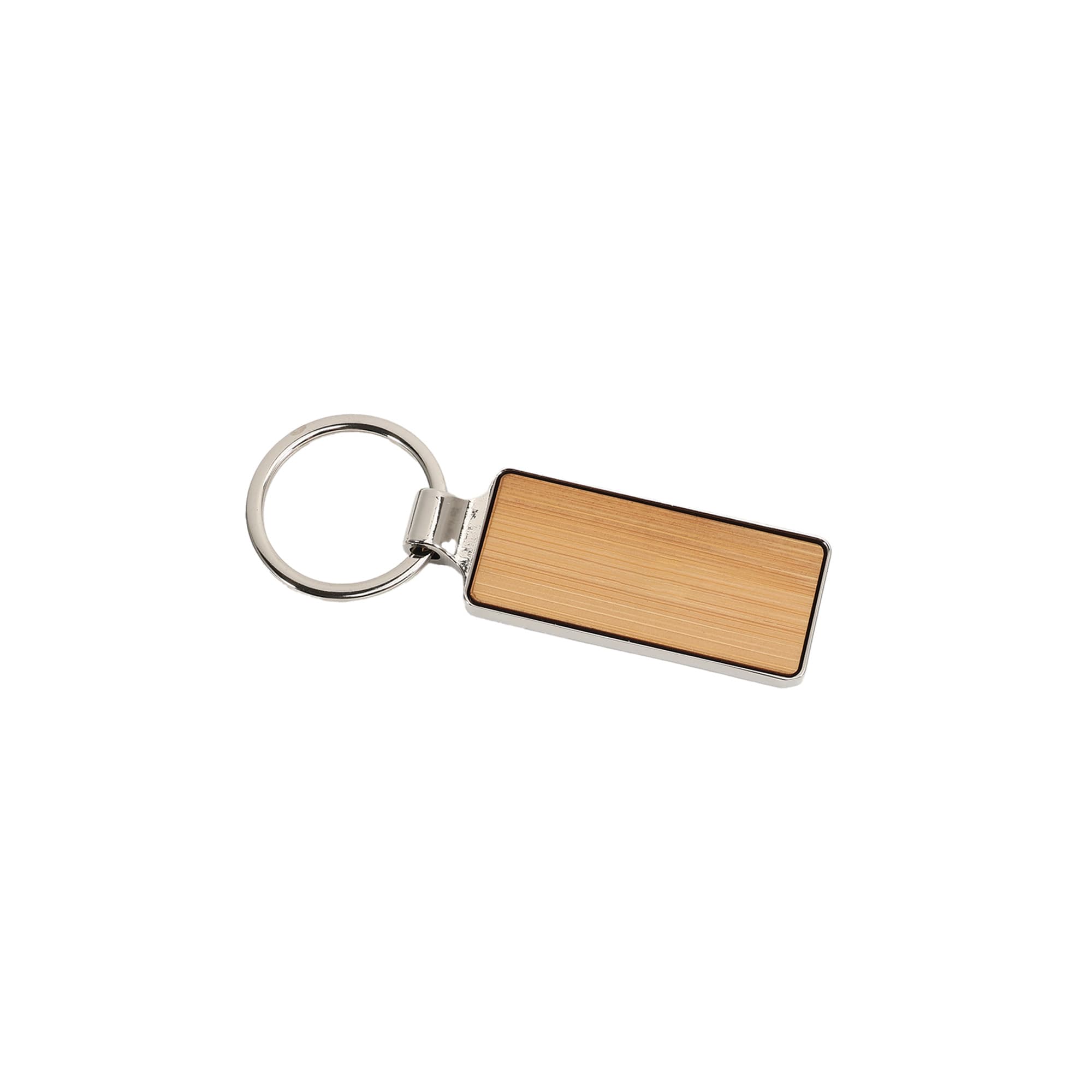 A rectangular wooden keyring with a silver metal border and a keyring attachment, featuring a natural wood finish.
