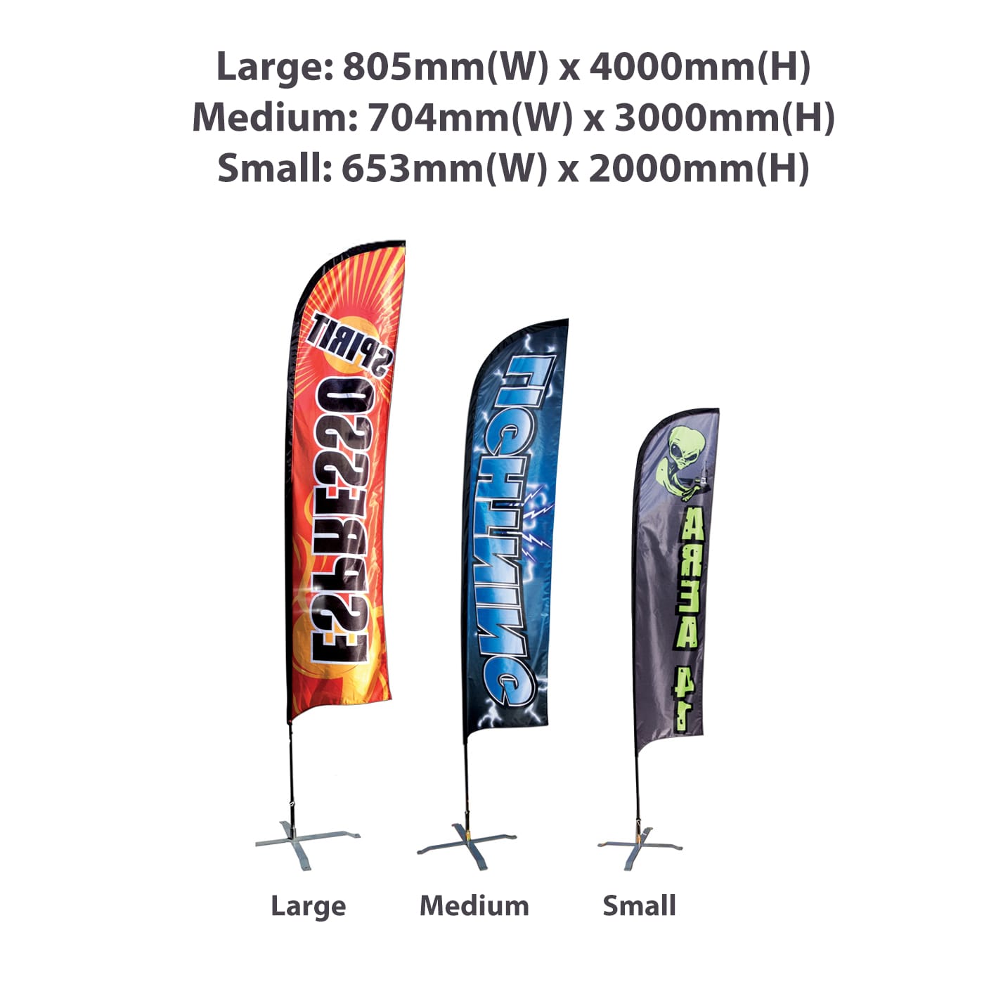 Three feather banners in vibrant colours: large (80.5cm), medium, and small, each on a stand.