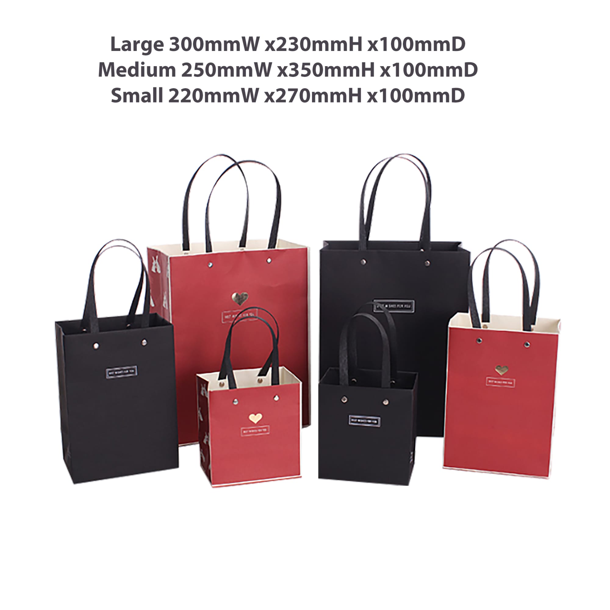 A collection of knitted handle bags in red and black, featuring varying sizes and designs, with handles and a logo.