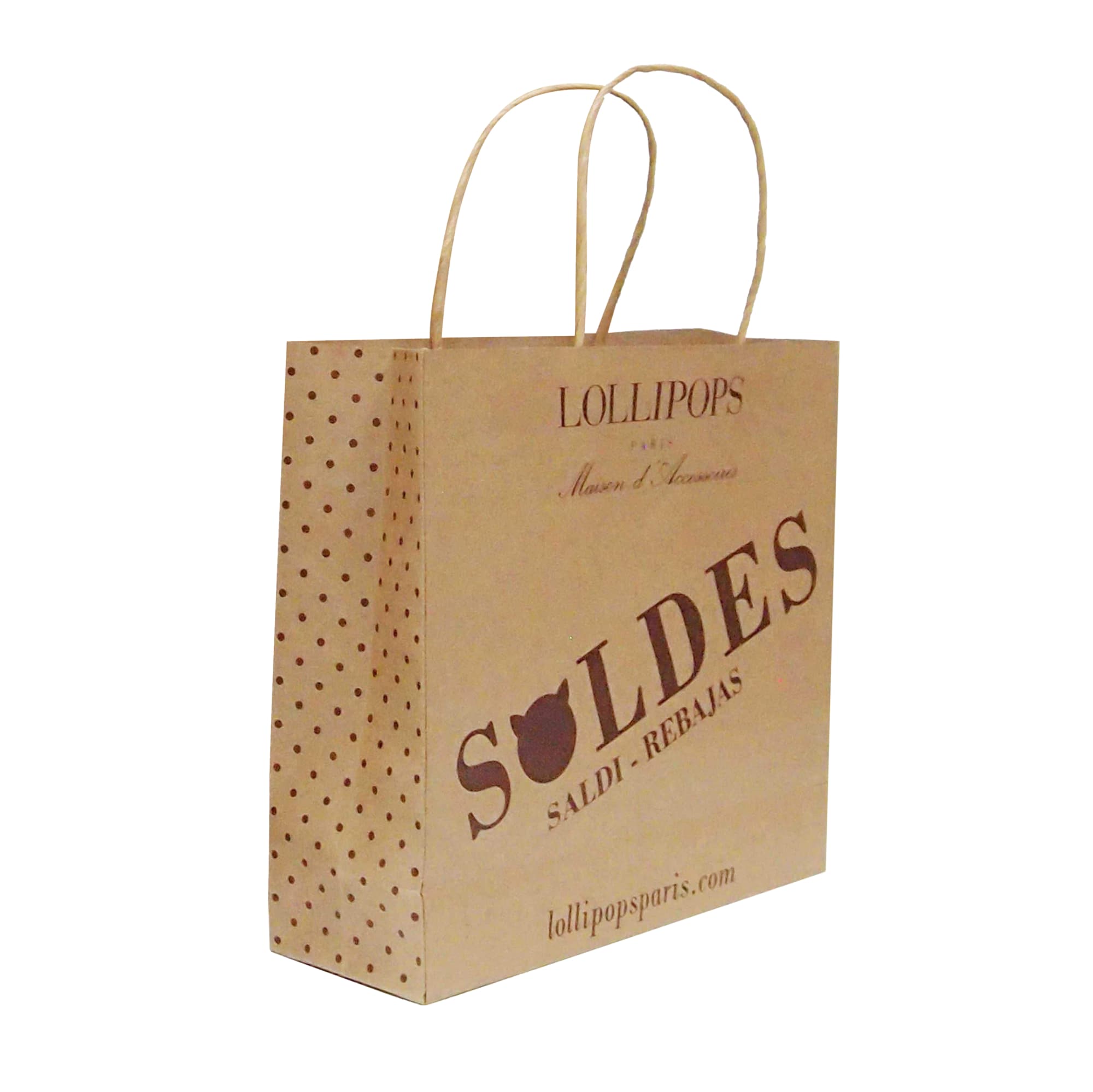 A twisted handle kraft paper bag in brown with polka dots and a logo, featuring a promotional design and text.