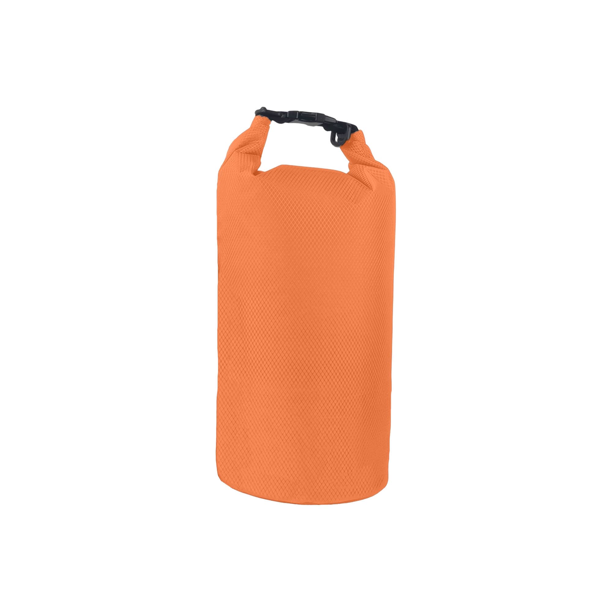 An orange Oxford cloth dry bag with a handle and a strap closure, featuring a textured surface.