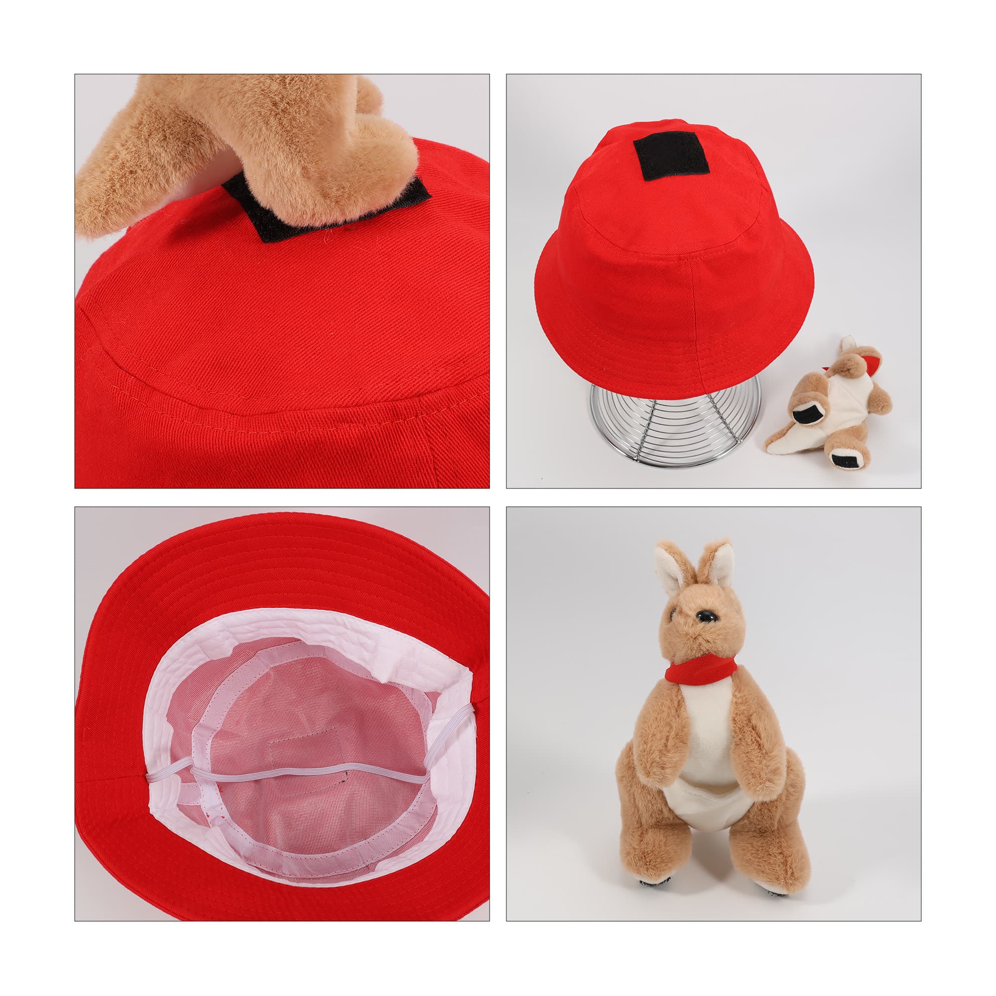 A red decorated bucket hat is displayed, featuring a plush kangaroo alongside the hat with a soft interior.
