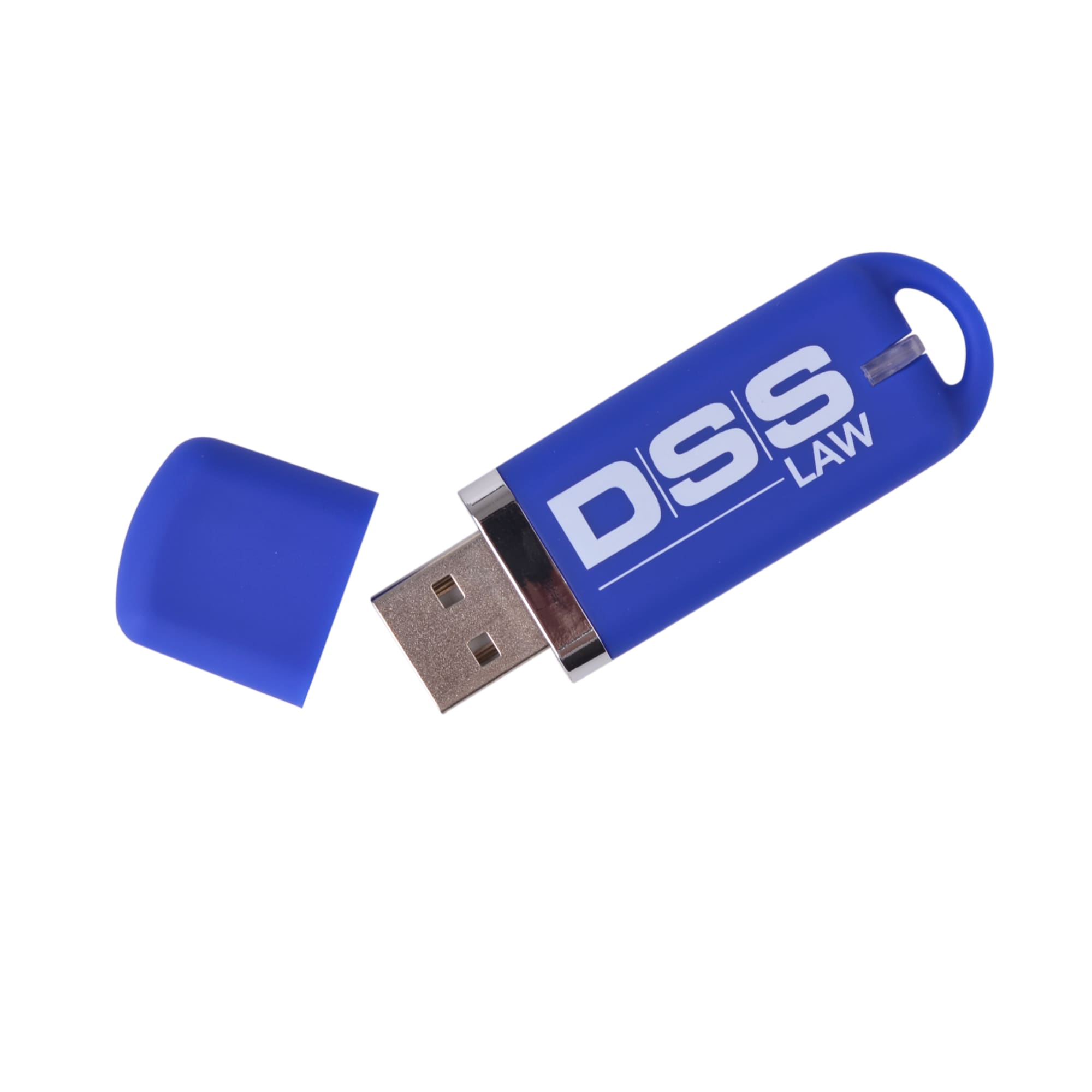 A blue flash drive with a removable cap and a logo on the body.