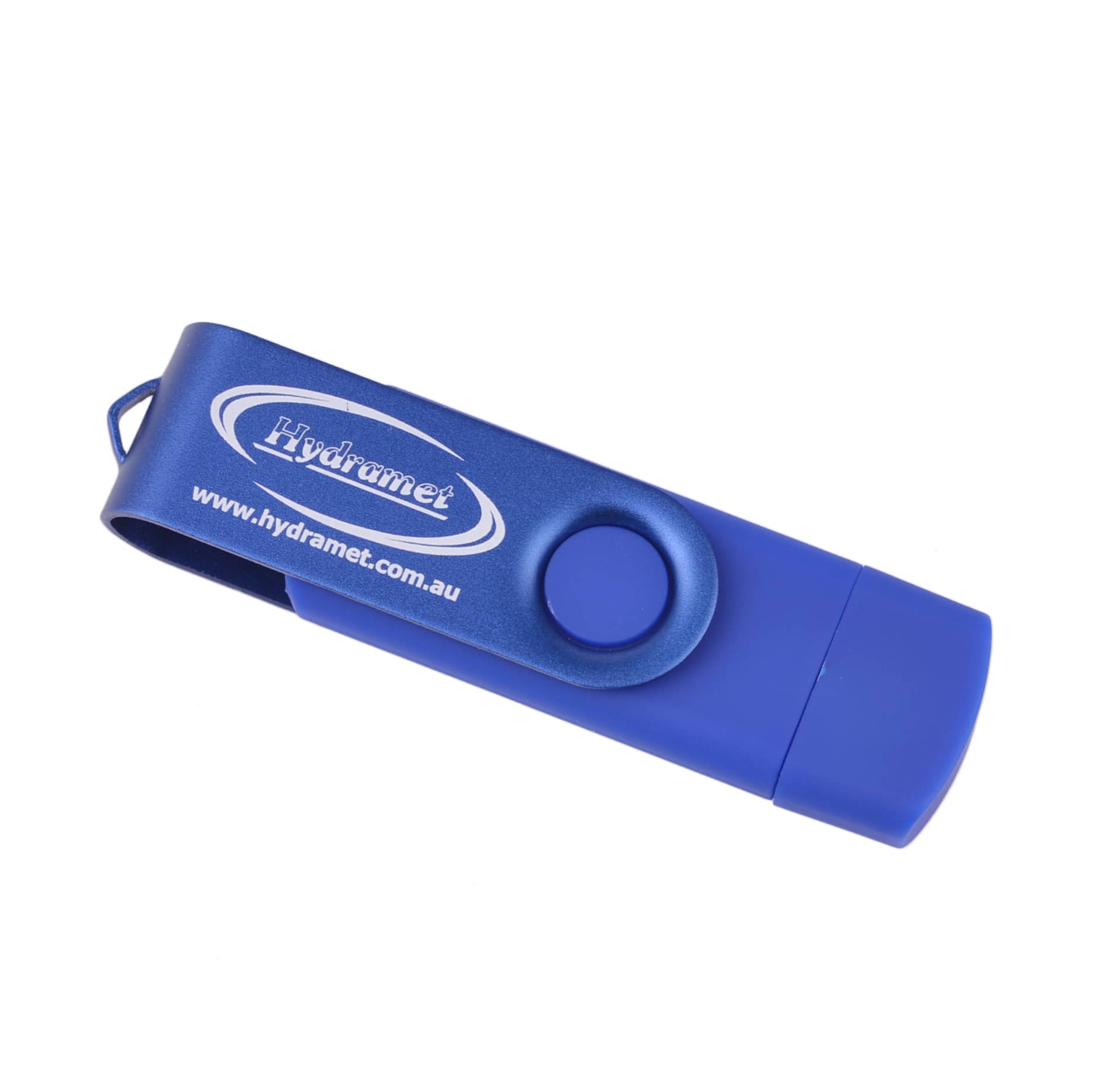 A blue double-end Belton Micro USB flash drive with a metal clip and branding logo.