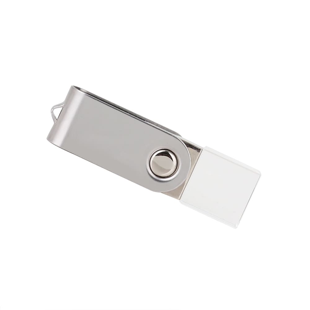 A silver mini swivel flash drive with a clear transparent cap and a circular button.