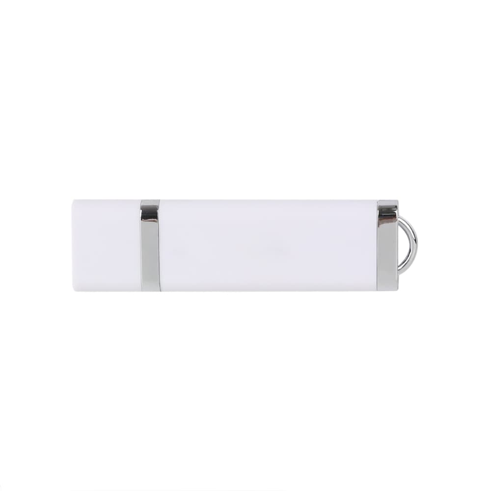 A white flash drive with a sleek design and a silver accent, featuring a small loop for attachment.