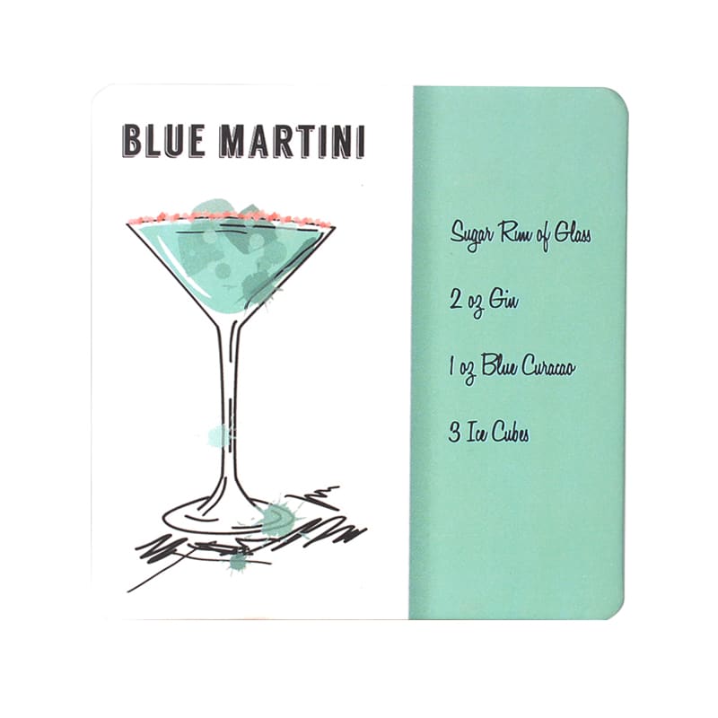 A drink coaster featuring a blue martini illustration with a mint green background and a logo.