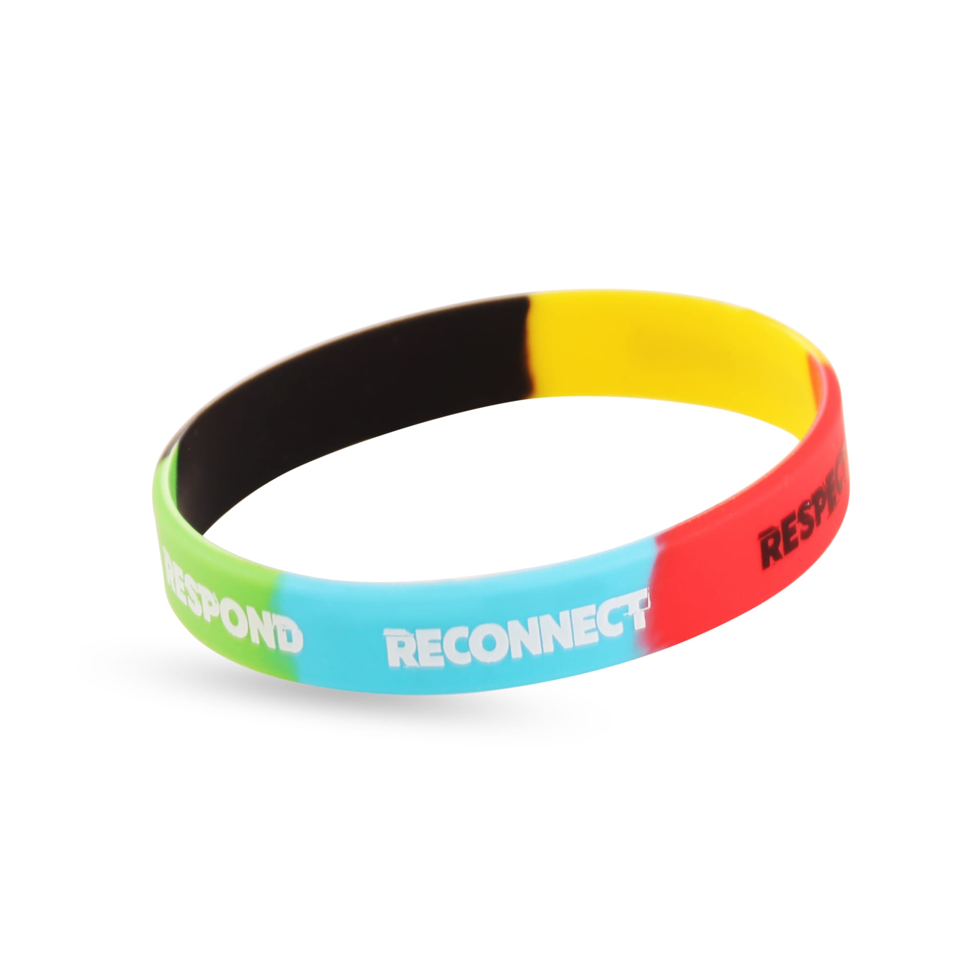 A silicone wristband featuring sections in green, blue, yellow, red, and black. Includes a logo.