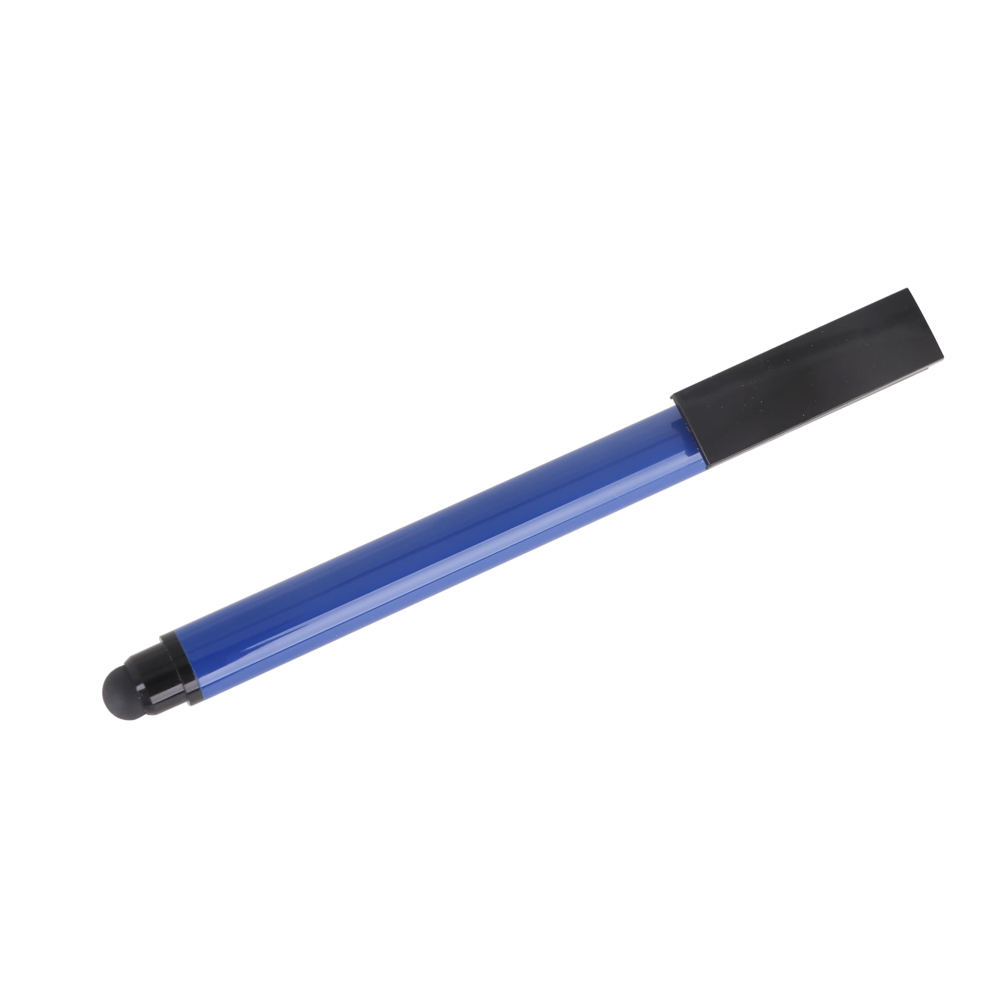 A blue stylus USB pen with a black cap, featuring a logo on its surface.