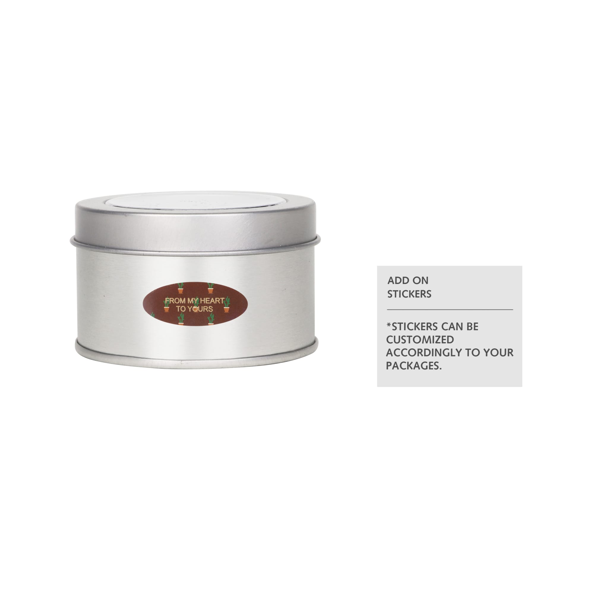 A silver tin can with a circular lid and a foam insert, featuring a logo and a space for customised stickers.