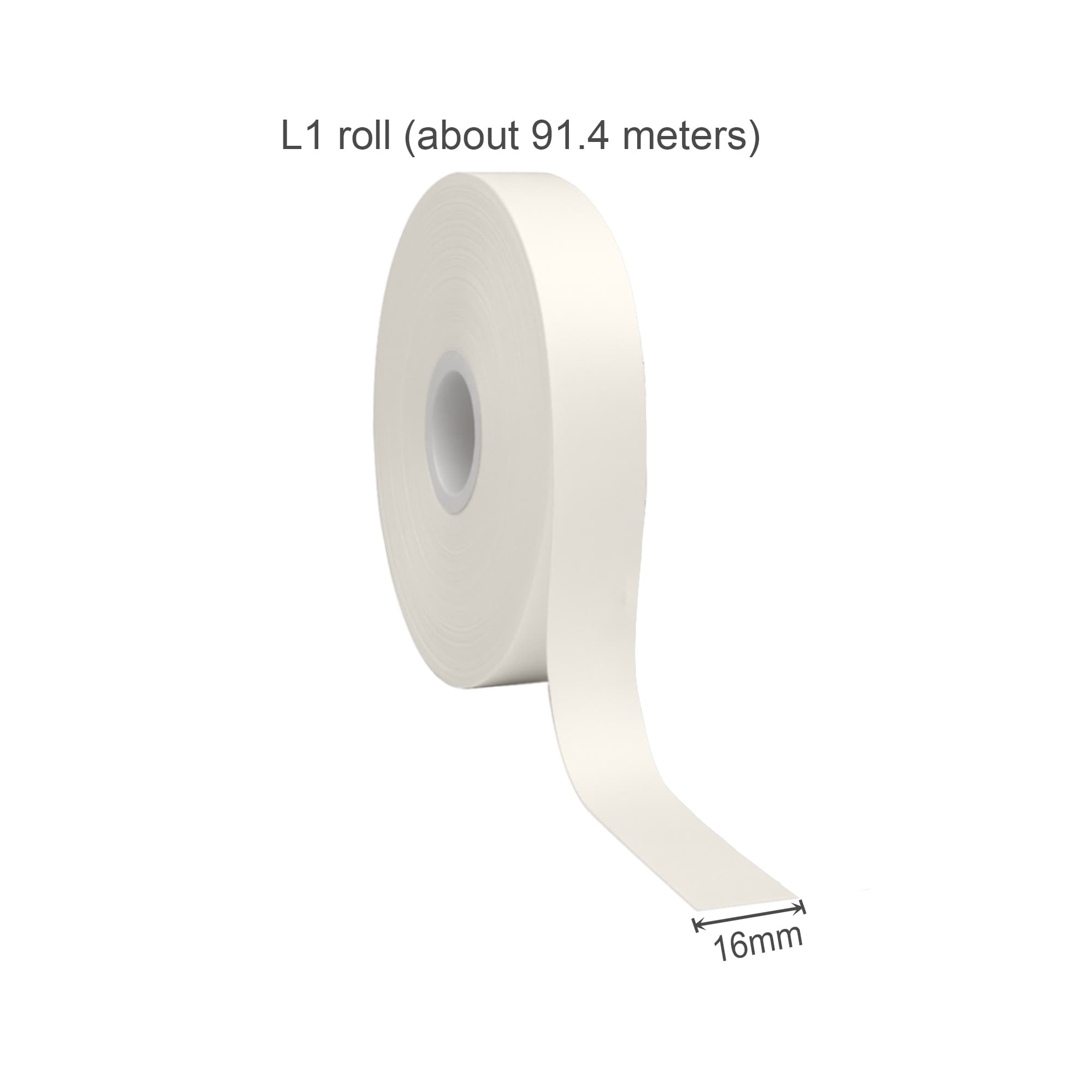 A roll of white hot stamping cotton ribbon, approximately 91.4 meters long and 16mm wide.