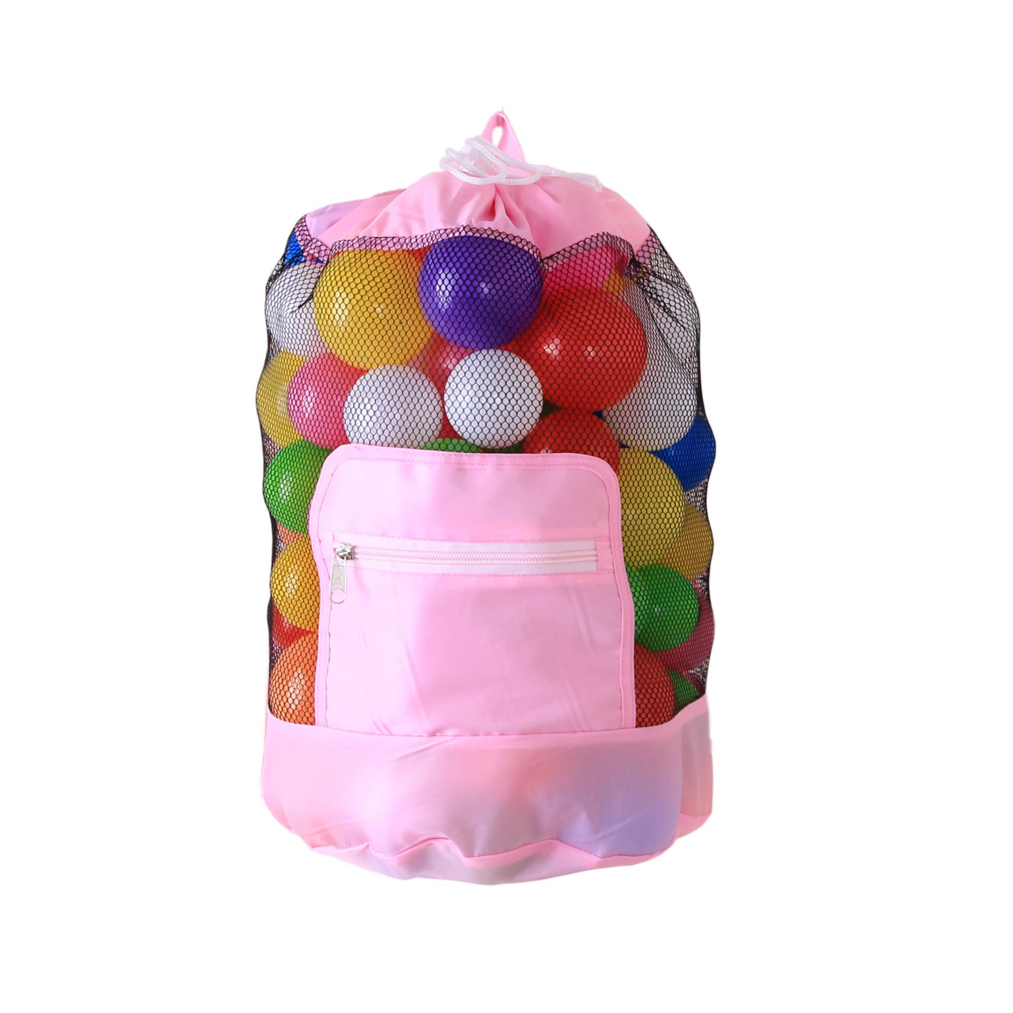 A foldable mesh drawstring backpack in pink, filled with multi-coloured balls, featuring a front zip pocket.
