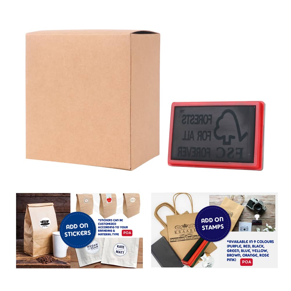A medium square gift box in natural brown cardboard, accompanied by a stamp with a logo.