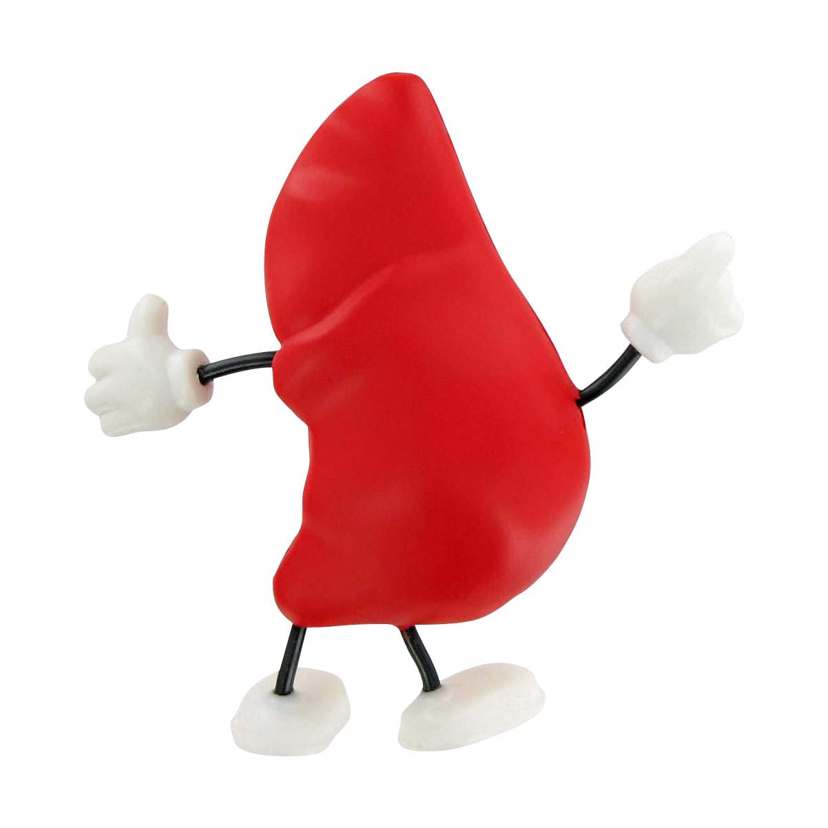 A red liver-shaped stress reliever with white hands and feet, featuring a playful posture.