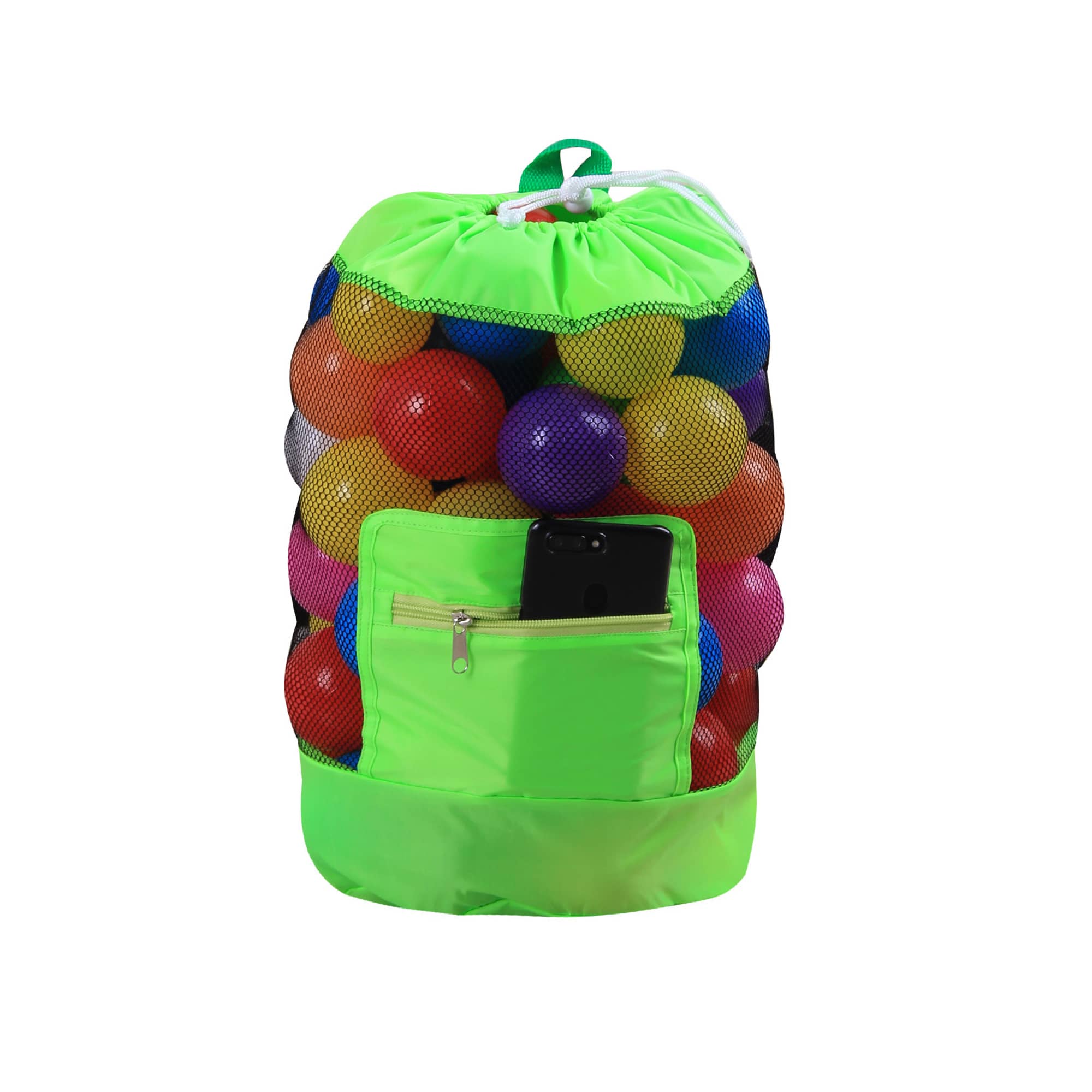 A foldable mesh drawstring backpack in bright green filled with colourful balls and featuring a front zip pocket.