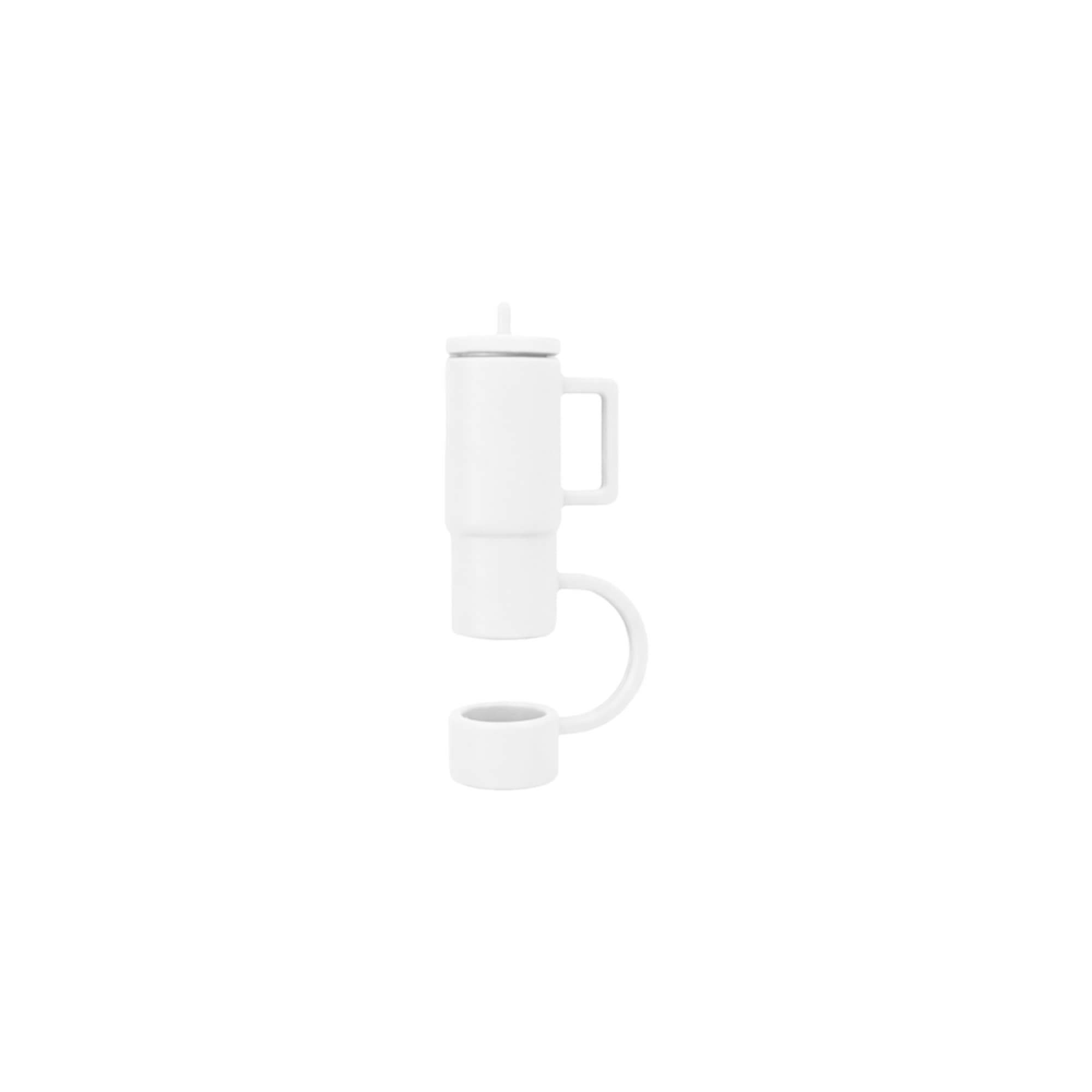A drink bottle with a cup-shaped silicone straw cover in white, featuring a handle and a logo.