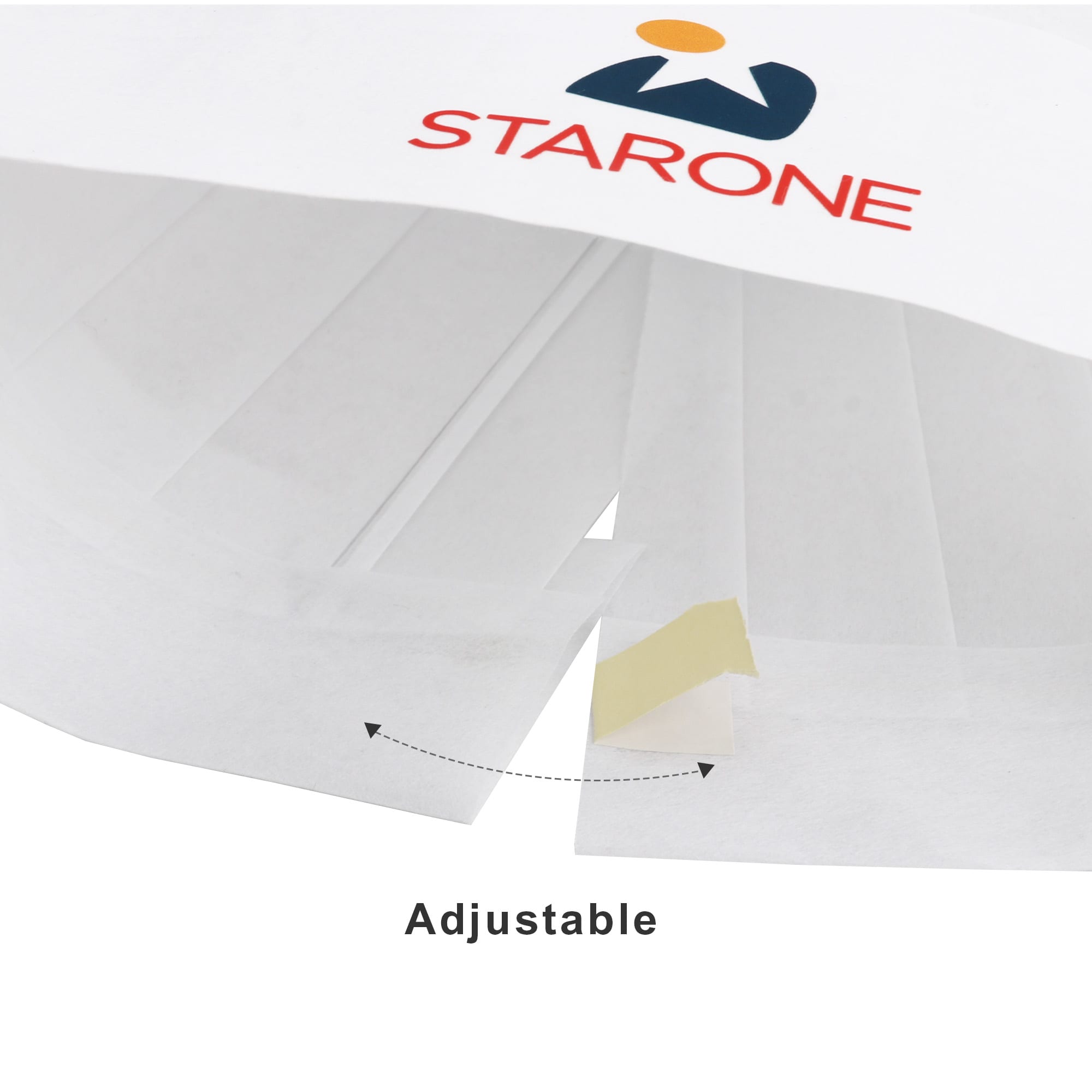 A disposable non-woven chef hat in white with an adjustable feature and a logo is shown.