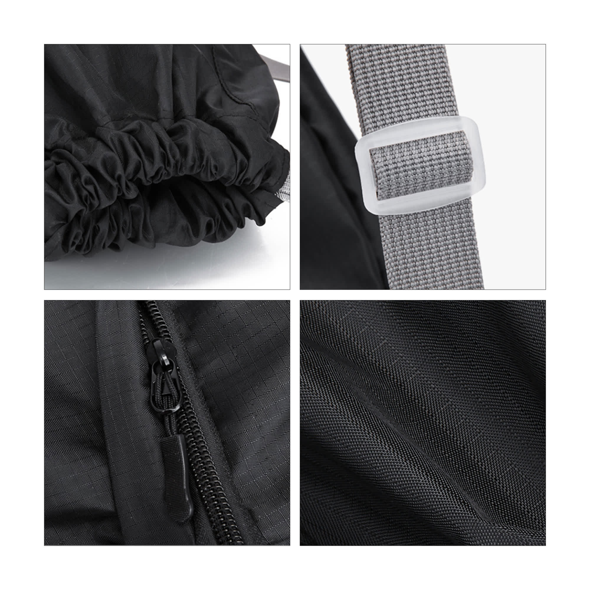 A black bucket drawstring backpack featuring a cinched top, grey strap, and detailed zippers. It includes a logo.