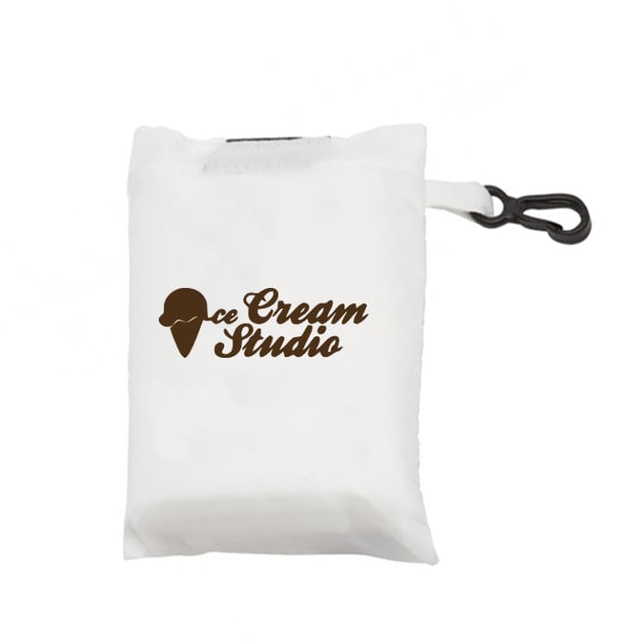 A white foldaway shopping bag with a clip, featuring a logo on the front.