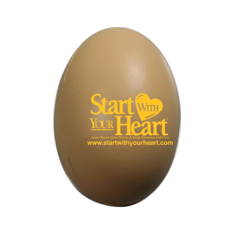 A brown egg-shaped stress reliever featuring a logo on one side. The product is smooth and rounded.
