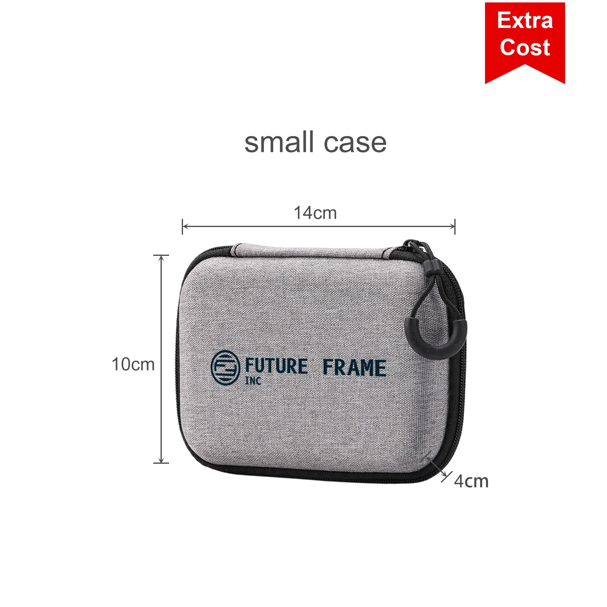 A small grey case with a zip closure, featuring a logo and dimensions indicated on the image.