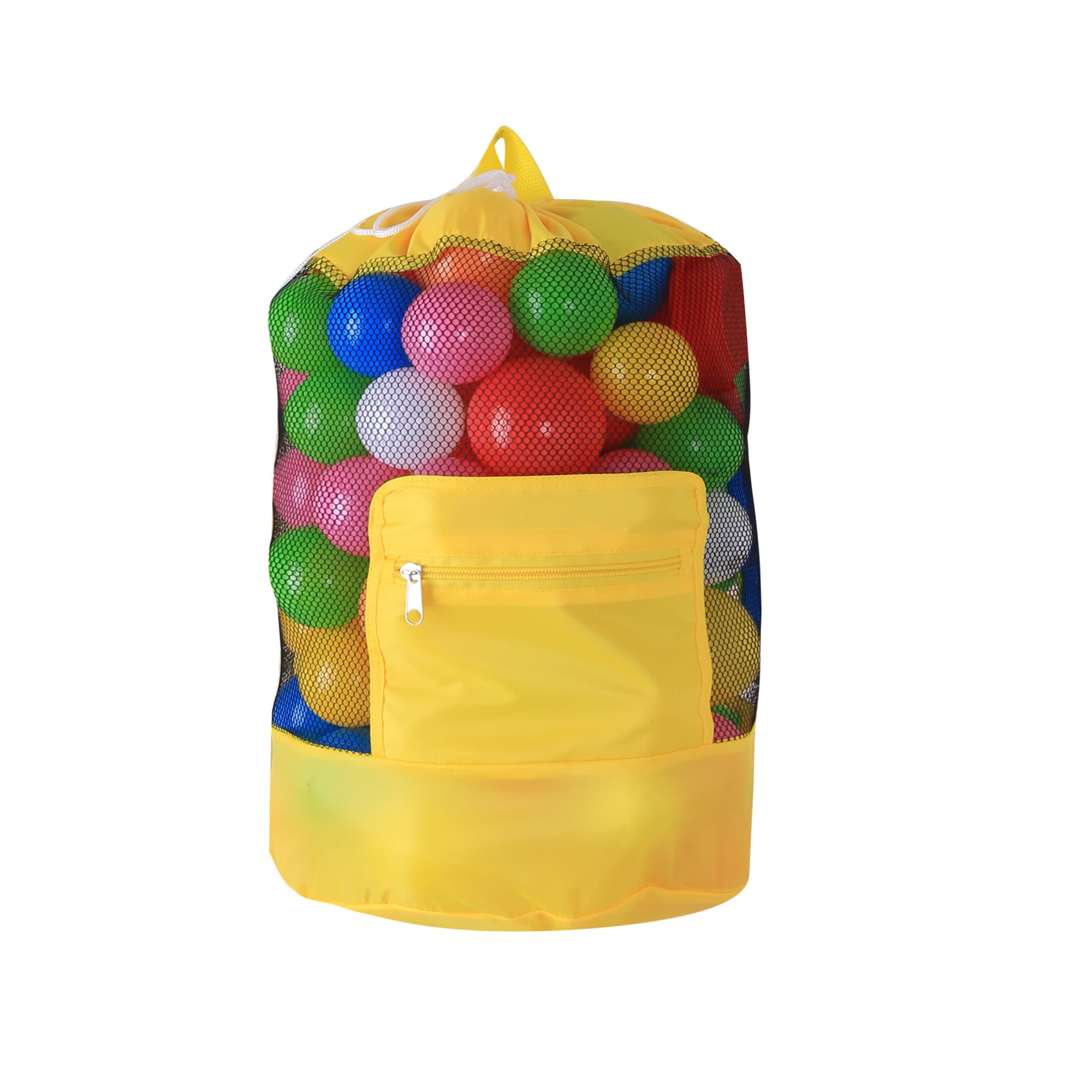 A foldable mesh drawstring backpack in yellow, filled with colourful balls, featuring a front pocket.
