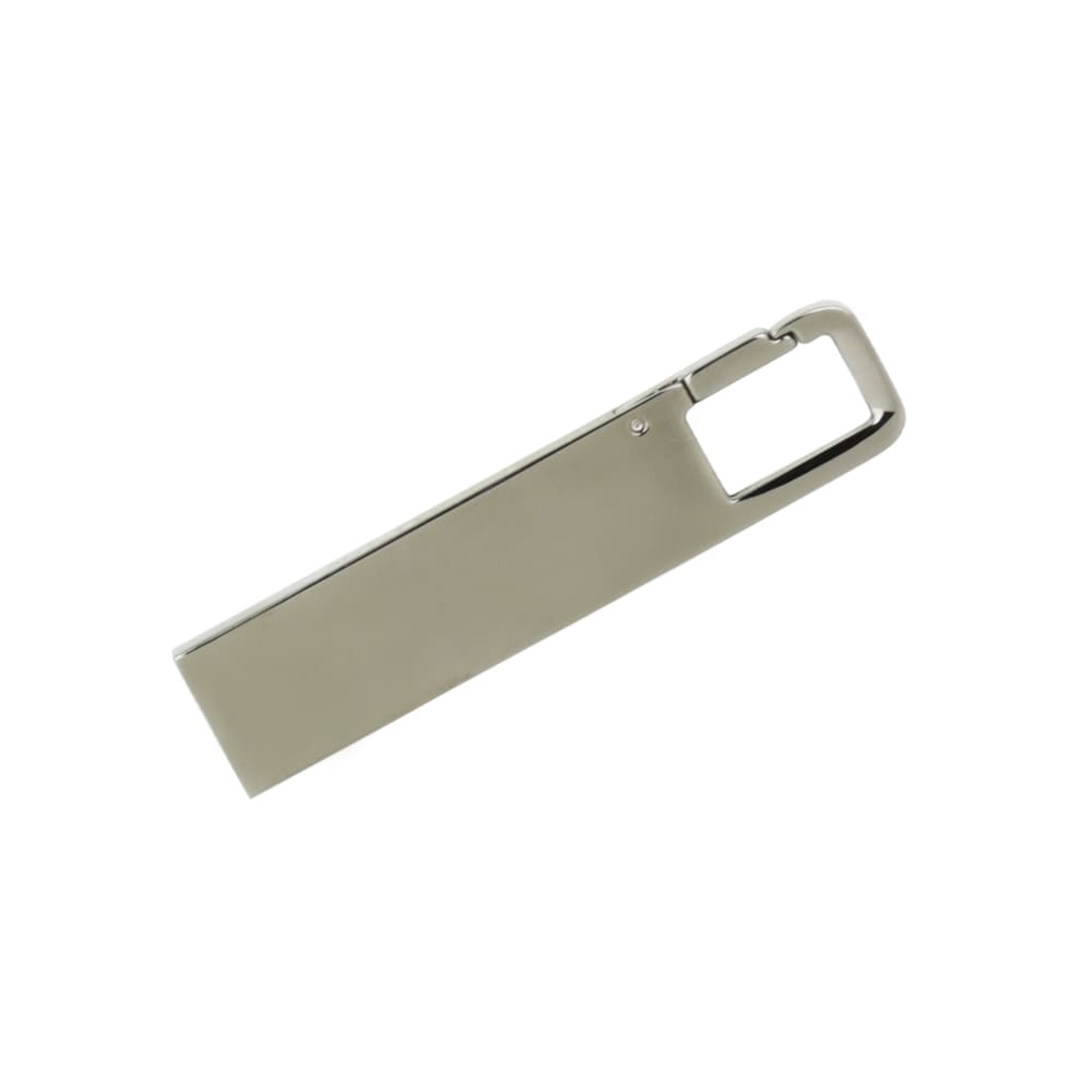 A shiny silver flash drive with a rectangular shape and a keyring attachment. It features a logo on its surface.