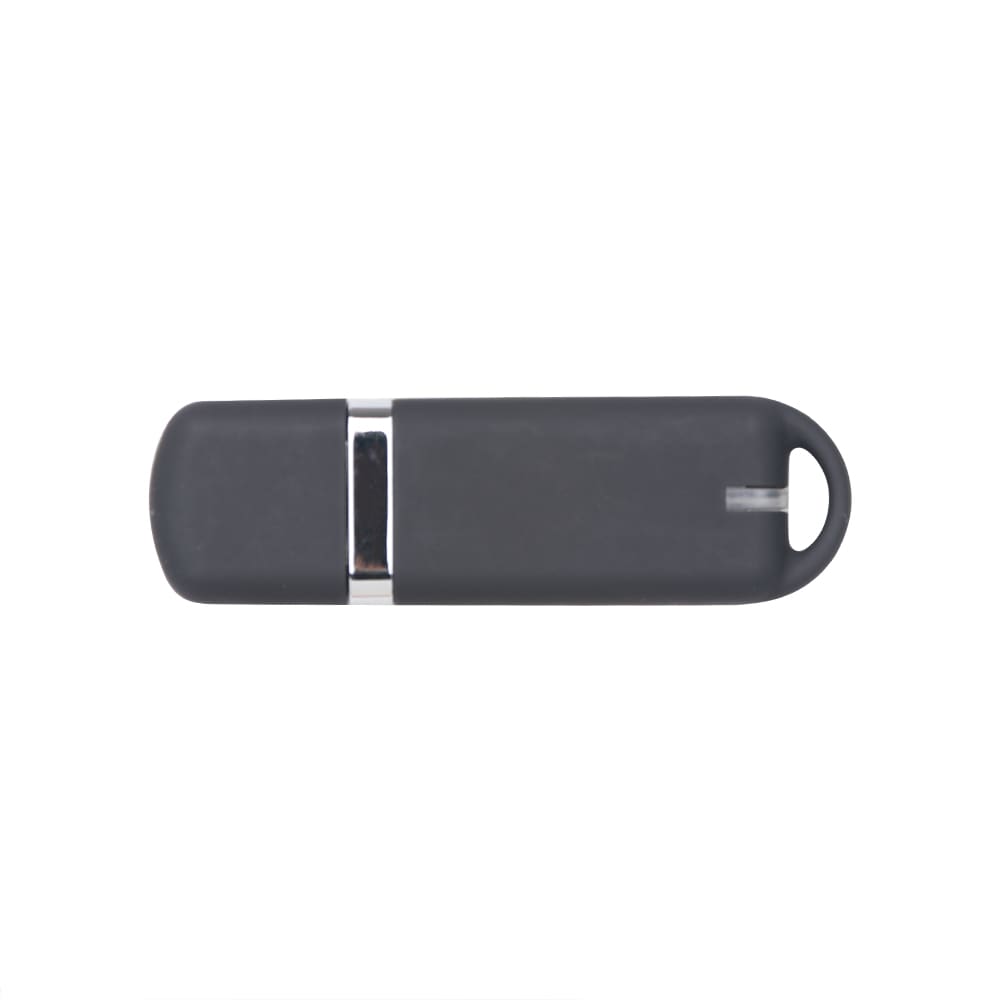 A grey flash drive with a silver accent and a hole for attachment. It features a sleek, minimalist design.
