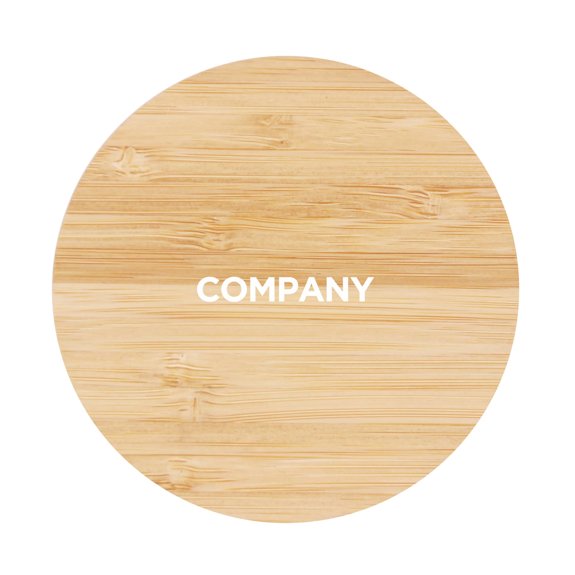 A circular bamboo wireless charger with a light wooden texture and a logo in the centre.