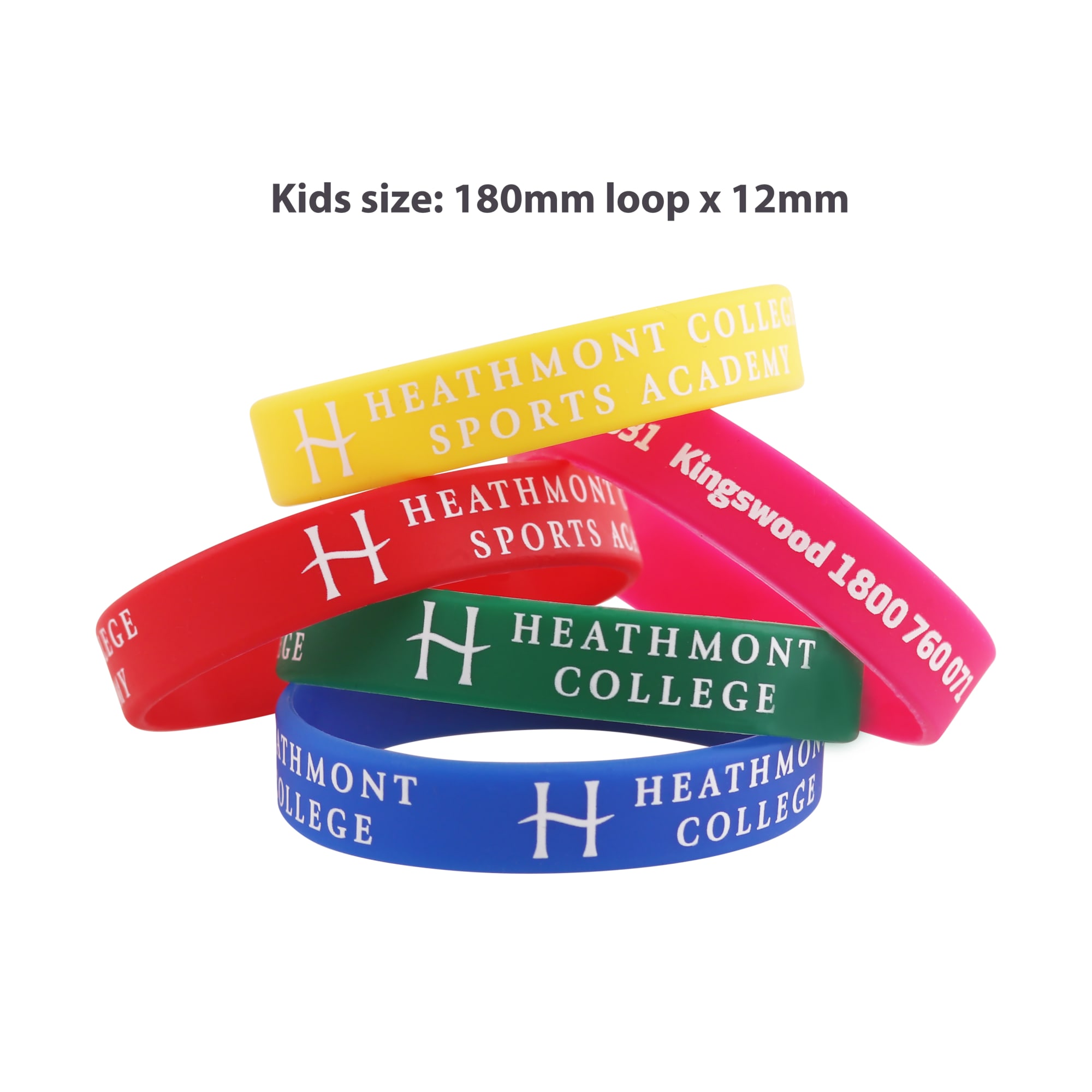 A variety of printed silicone wristbands in yellow, red, blue, and pink, featuring a logo and text.