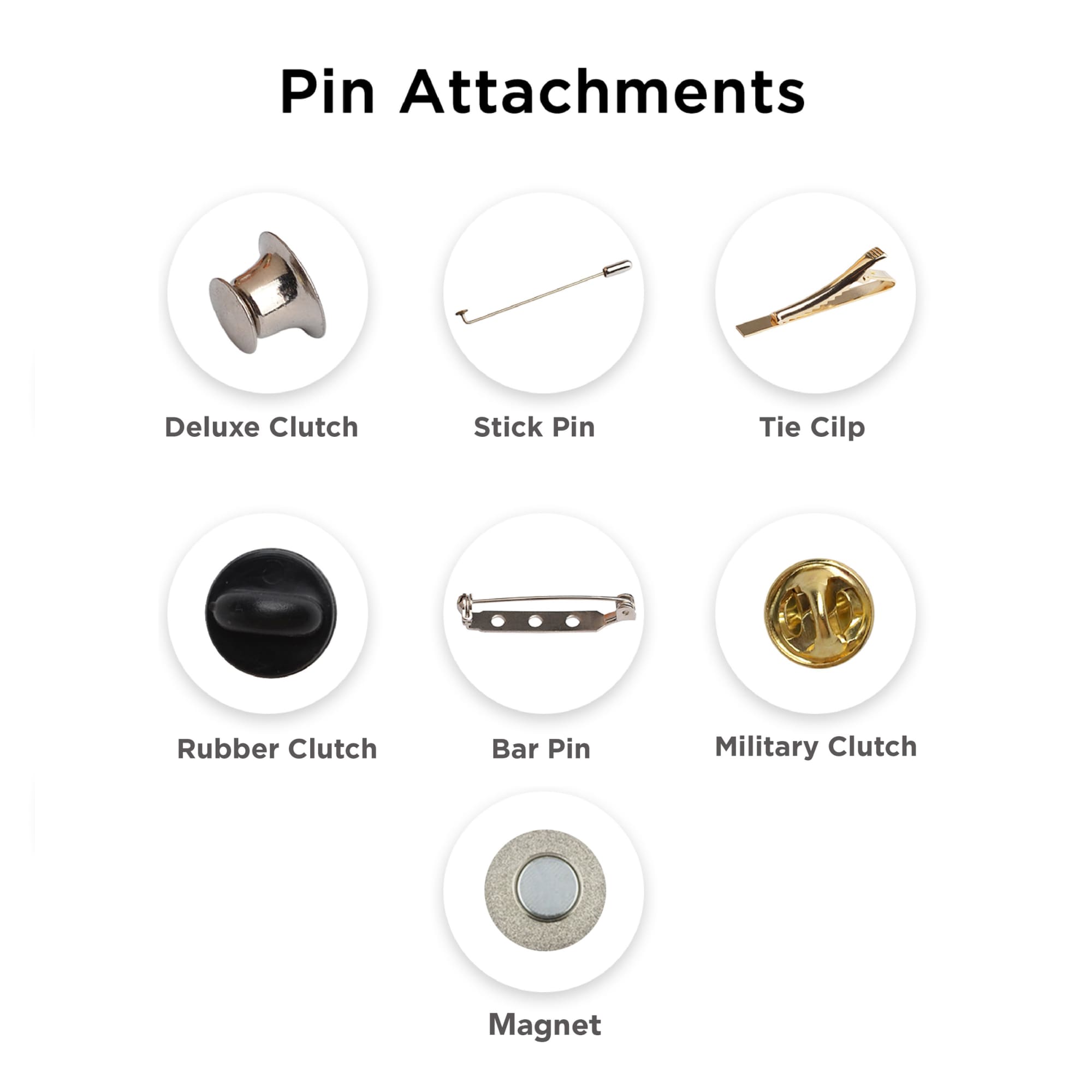 A collection of six different pin attachments displayed on a white background, featuring various designs and finishes.