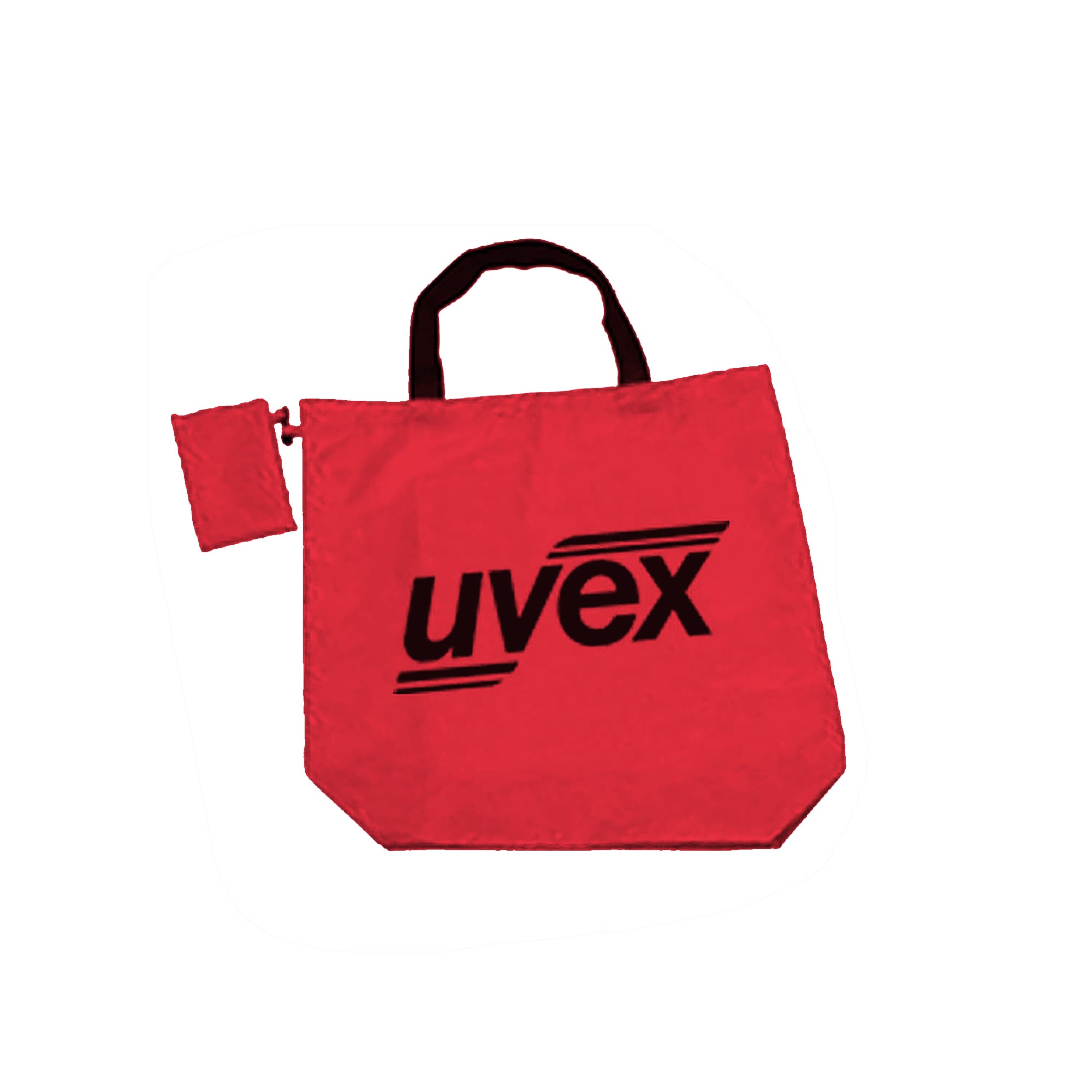 A red foldaway shopping bag with a black logo and a small clip-on pouch.