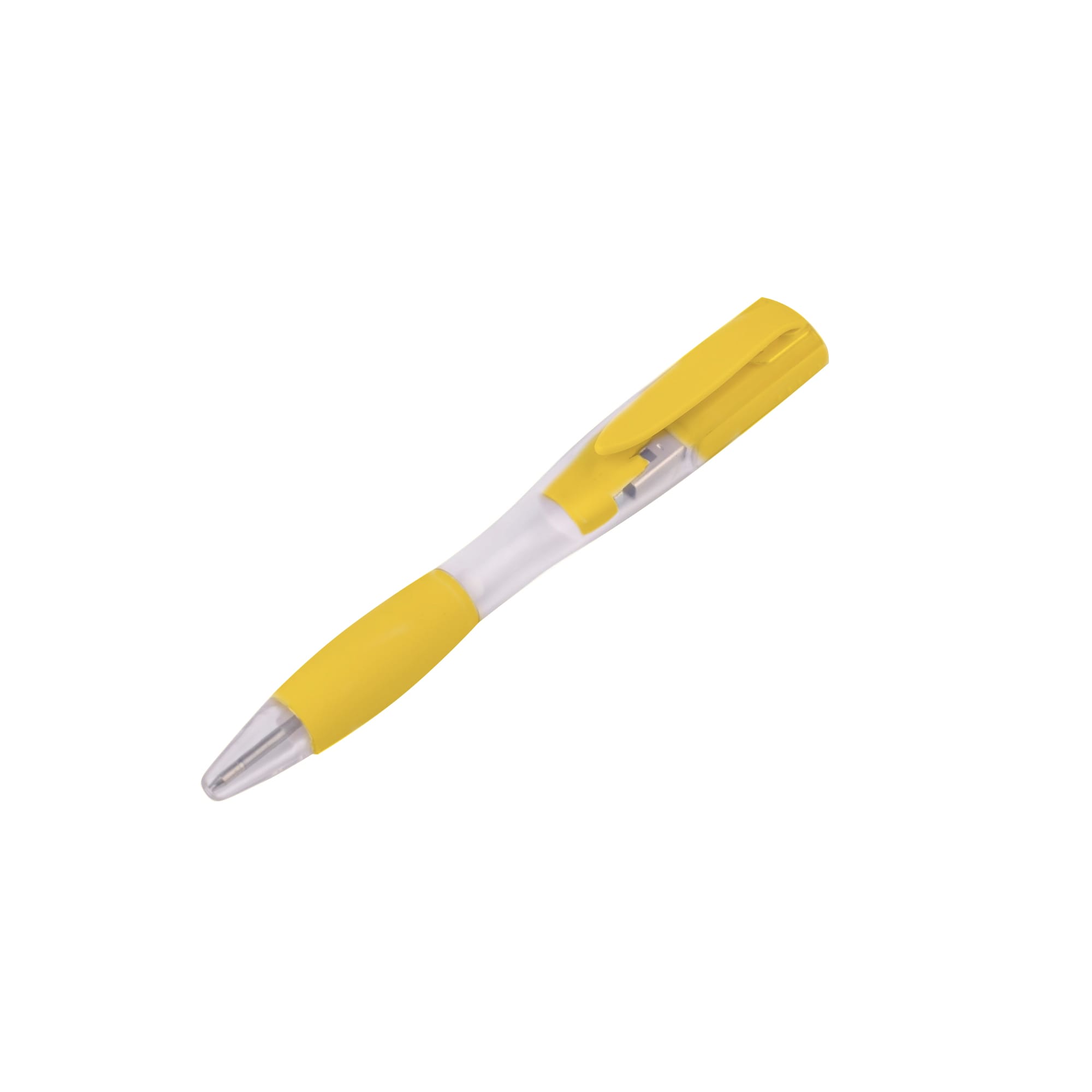 A yellow ballpoint pen flash drive with a transparent body and silver accents. Features a clip and branding.