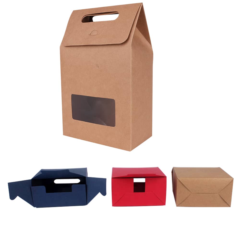 Brown die cut handle bag with a transparent window, alongside red and blue boxes. All are made of cardboard.