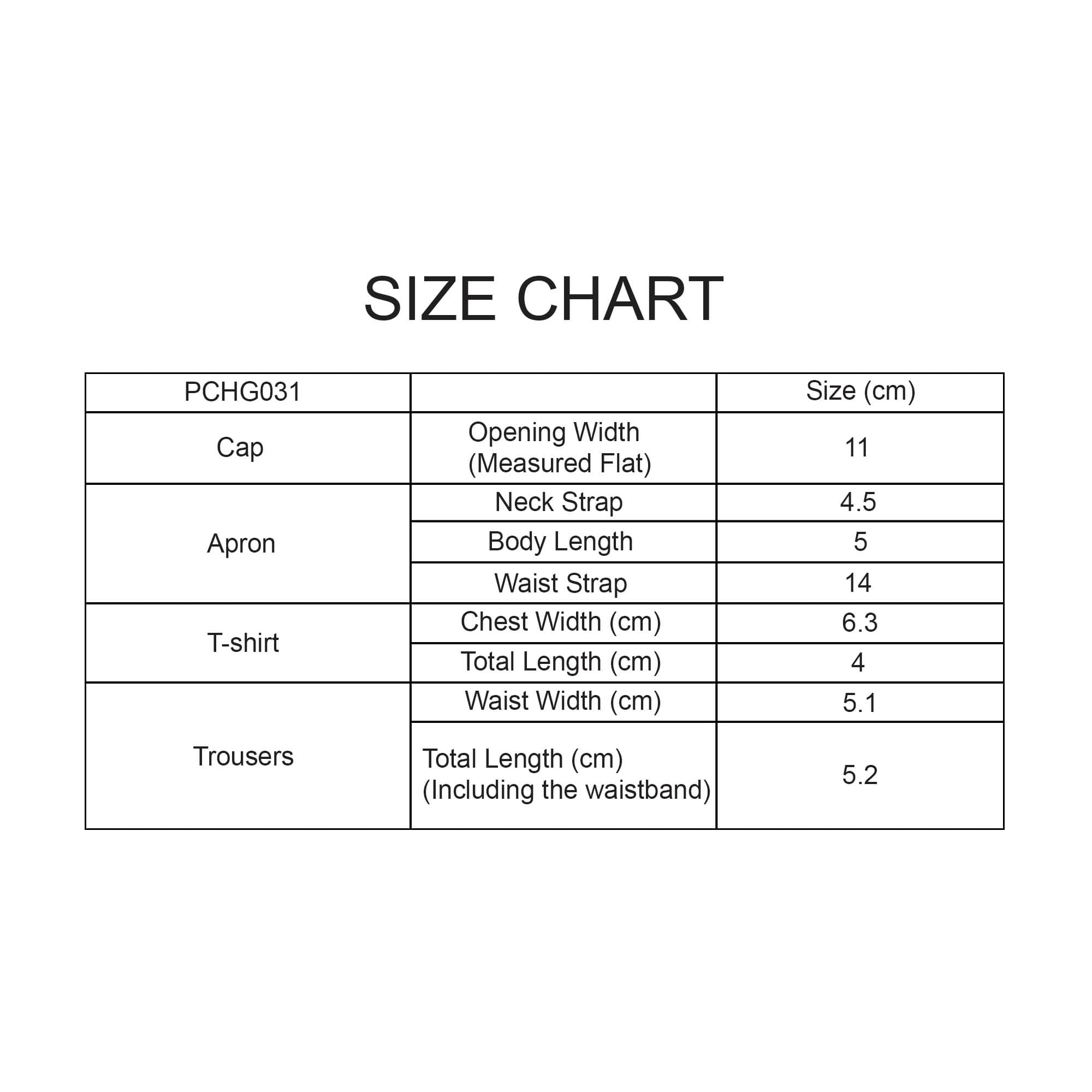 A size chart featuring measurements for a cap, apron, T-shirt, and trousers, including specific dimensions in centimetres.