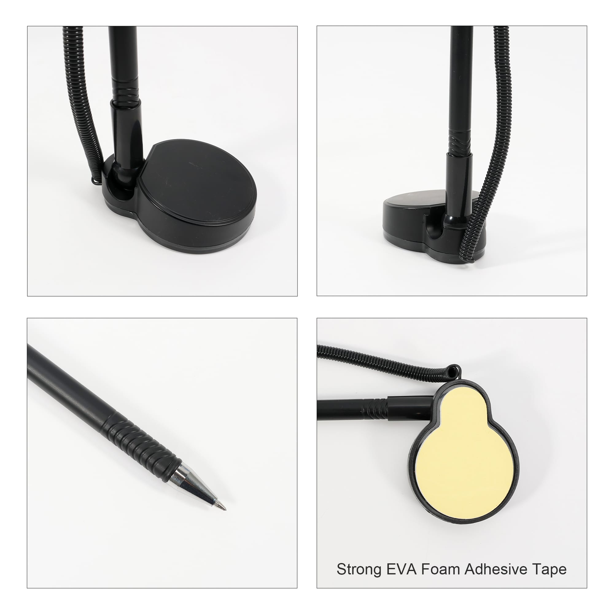 A black pen with a fixed base, featuring a flexible cord and a round base for stability.