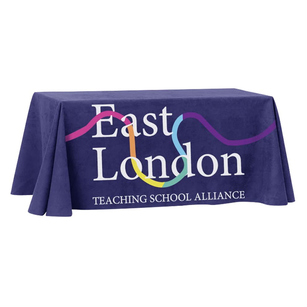 A navy blue tablecloth for an 8ft table with a logo and colourful design.