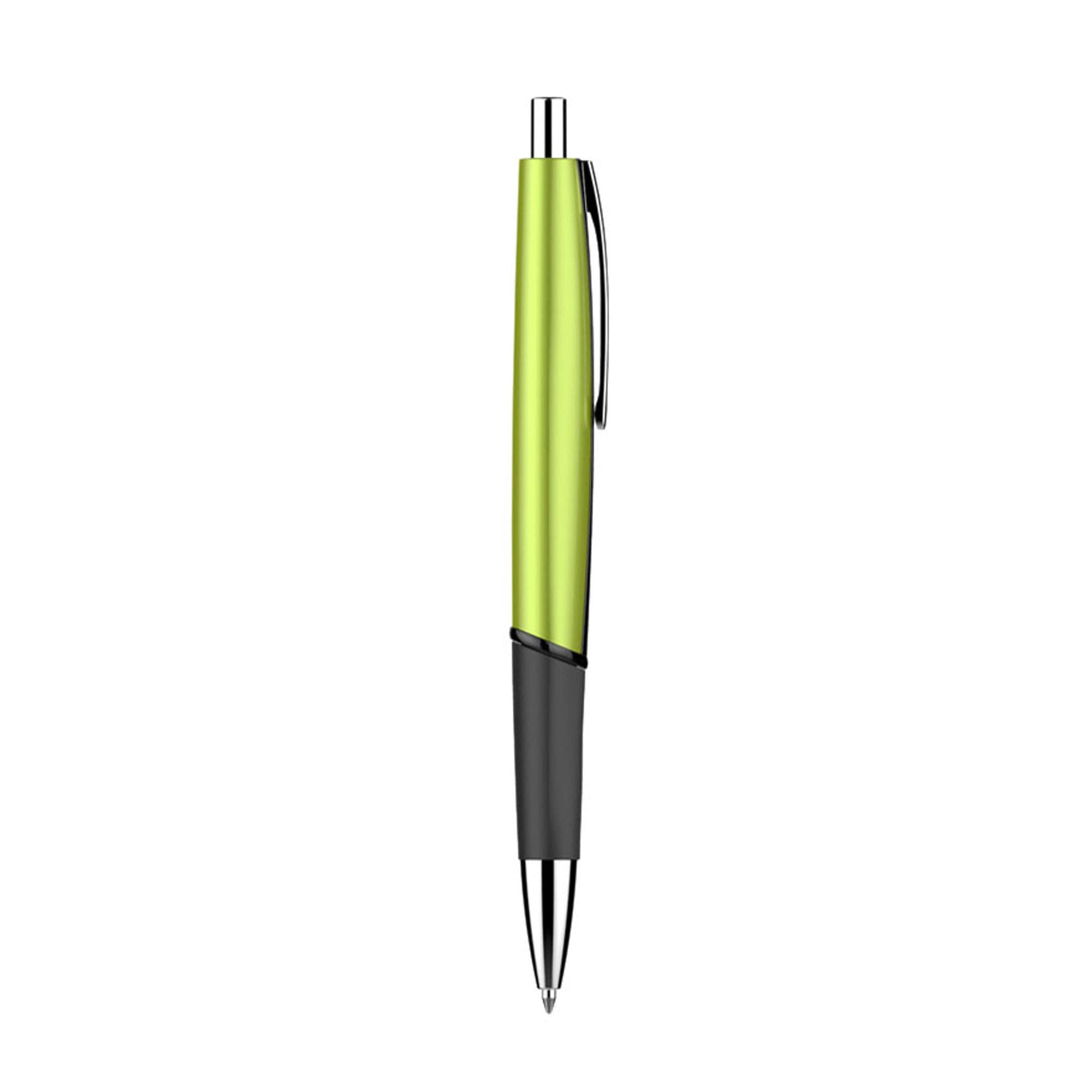 A plastic pen featuring a vibrant green body and a black grip, with a clip and silver accents.